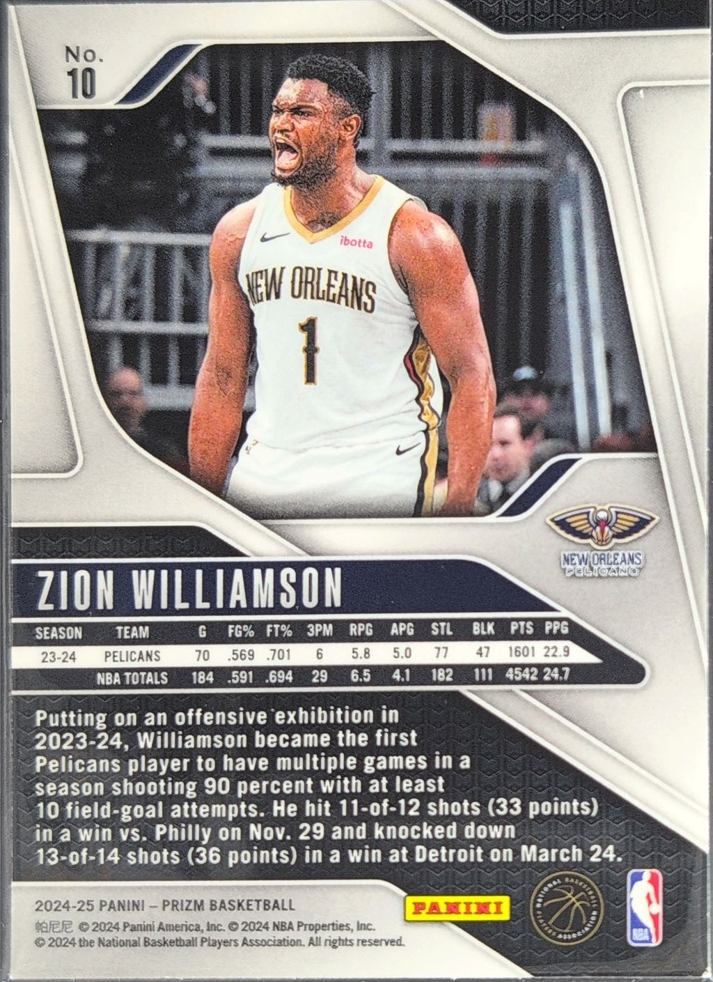 Zion Williamson 2024-25 Panini Prizm #10 New Orleans Pelicans