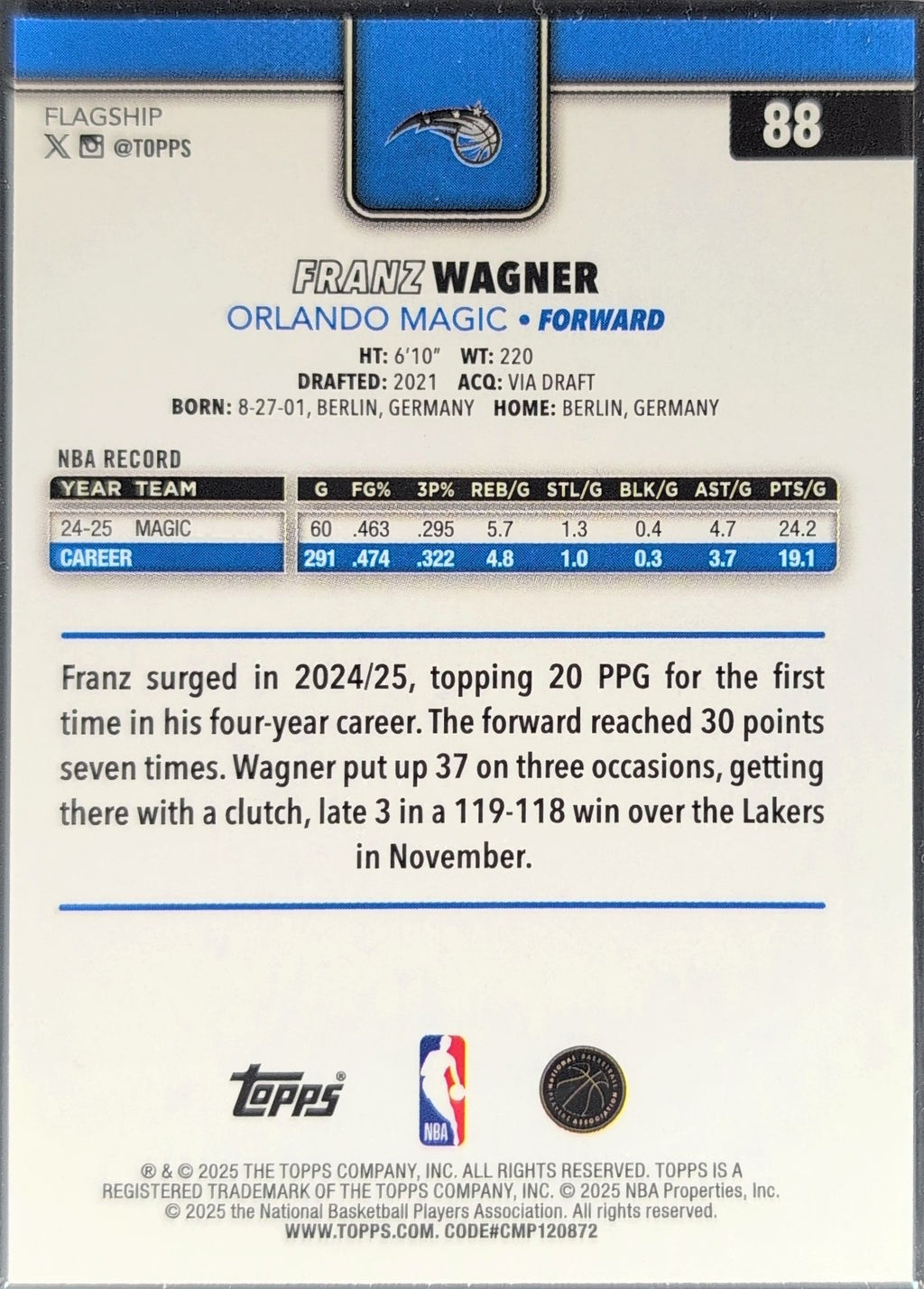 2025-26 Topps Franz Wagner #88 Orlando Magic back
