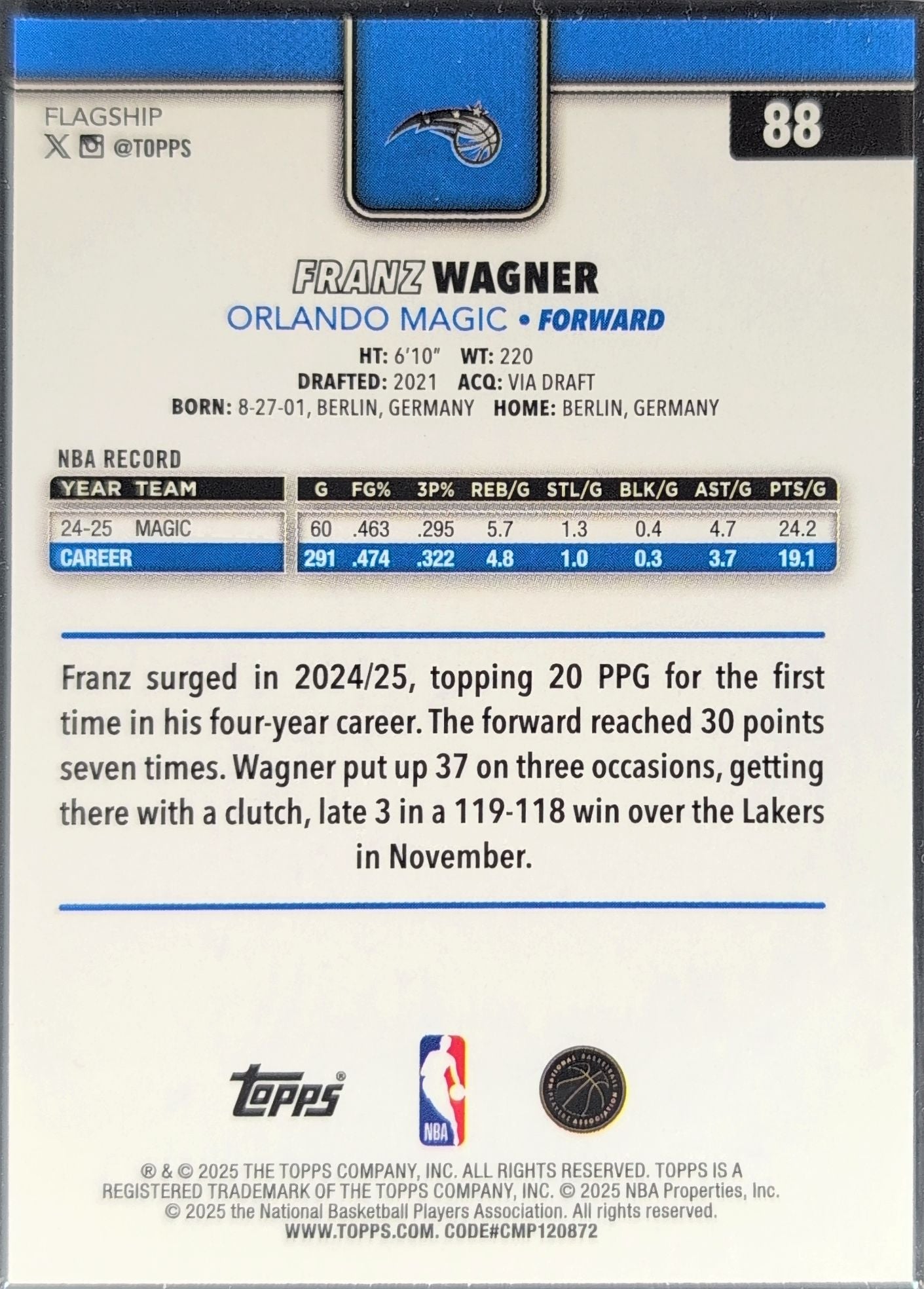 2025-26 Topps Franz Wagner #88 Orlando Magic back