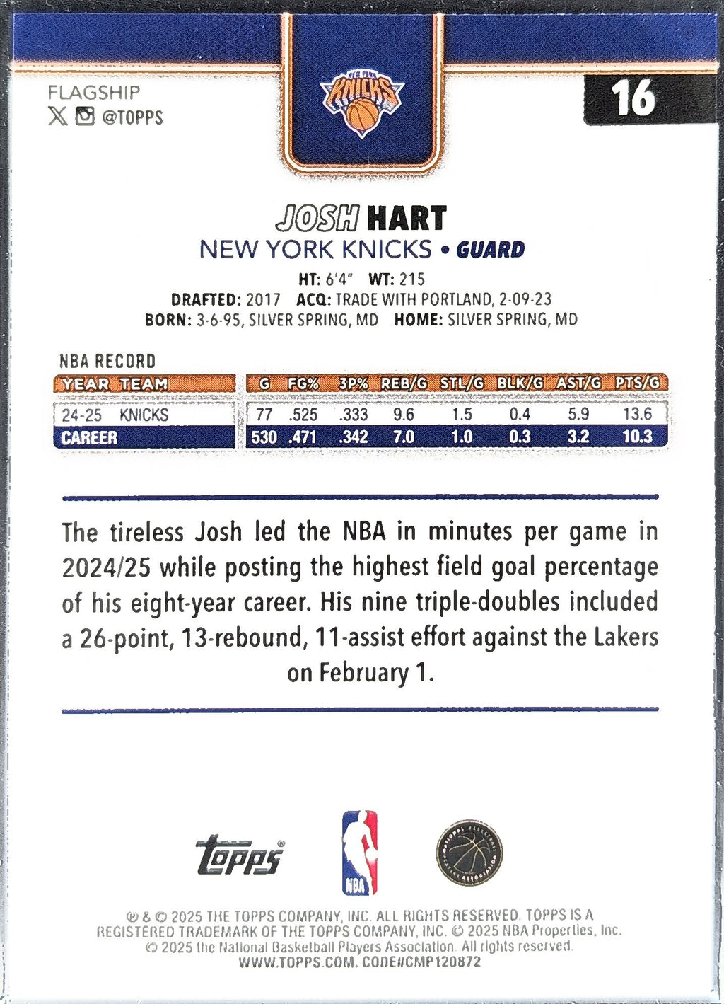 2025-26 Topps Josh Hart #16 New York Knicks back
