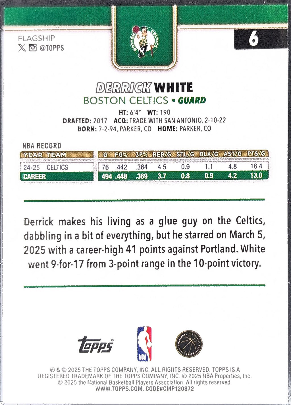 2025-26 Topps Derrick White #6 Boston Celtics back