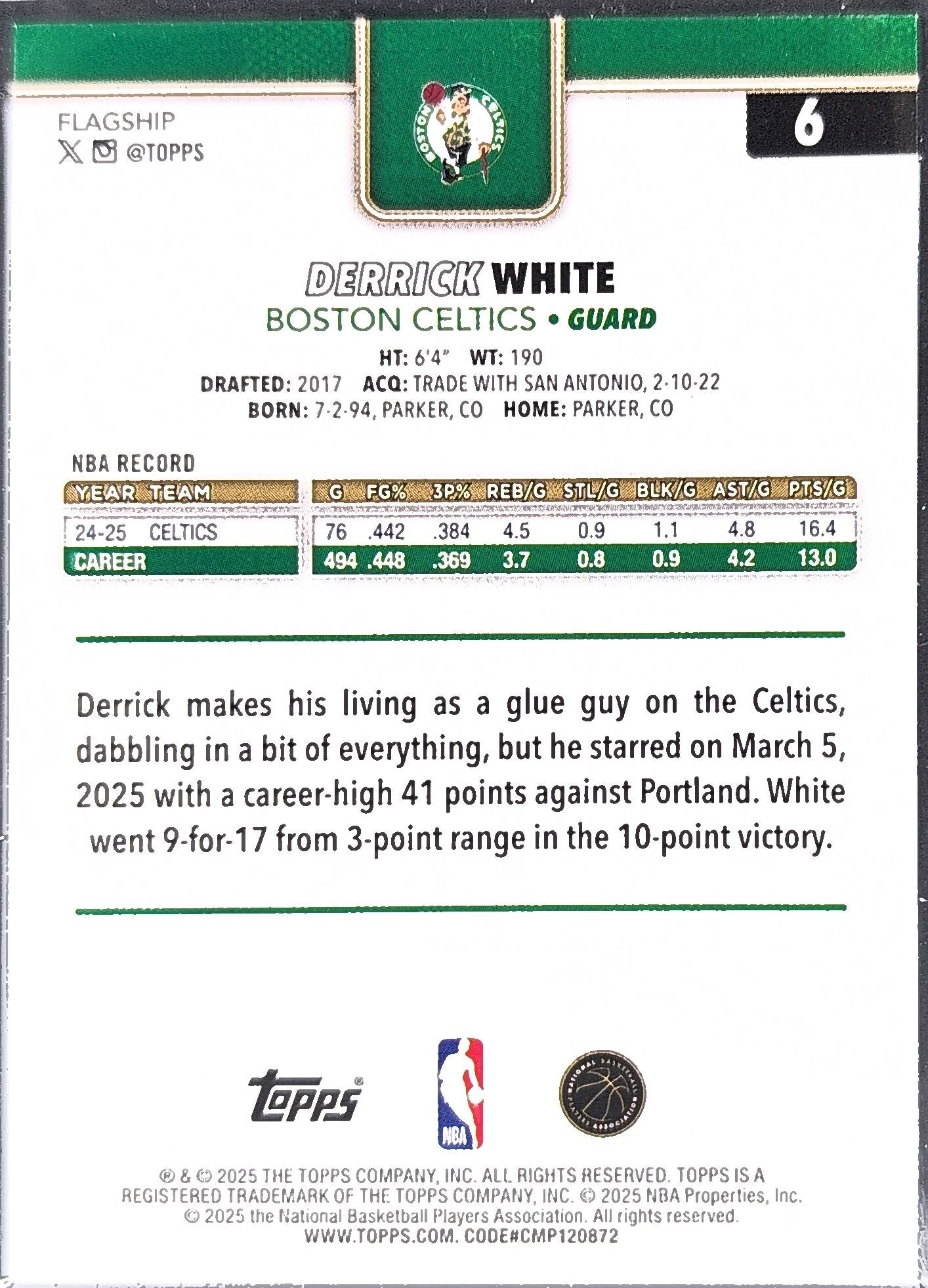 2025-26 Topps Derrick White #6 Boston Celtics back