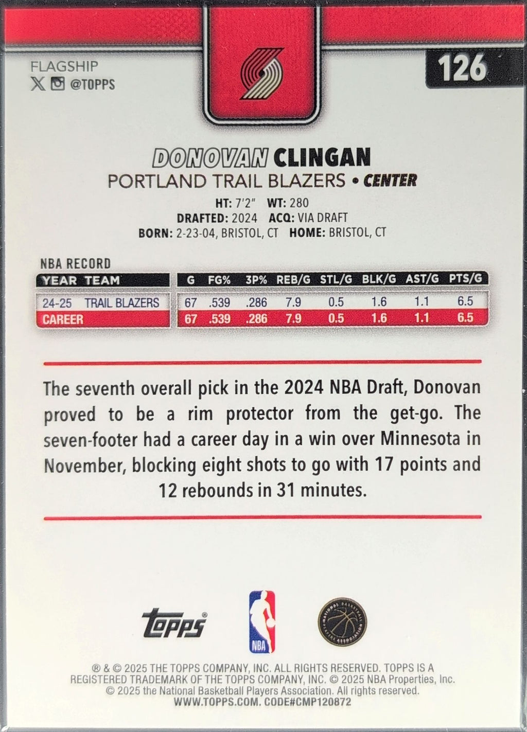 2025-26 Topps Donovan Clingan #126 Portland Trail Blazers back
