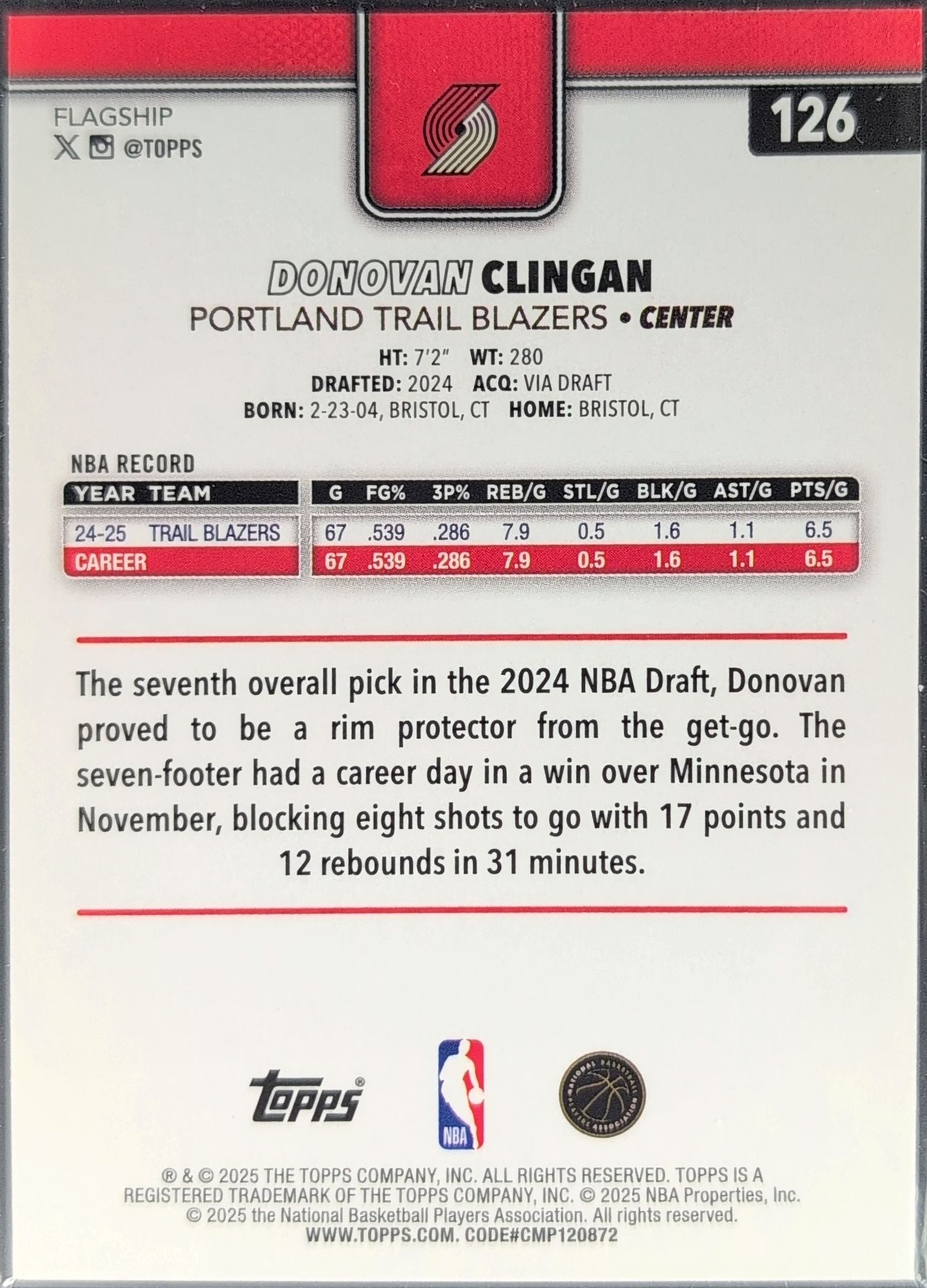 2025-26 Topps Donovan Clingan #126 Portland Trail Blazers back