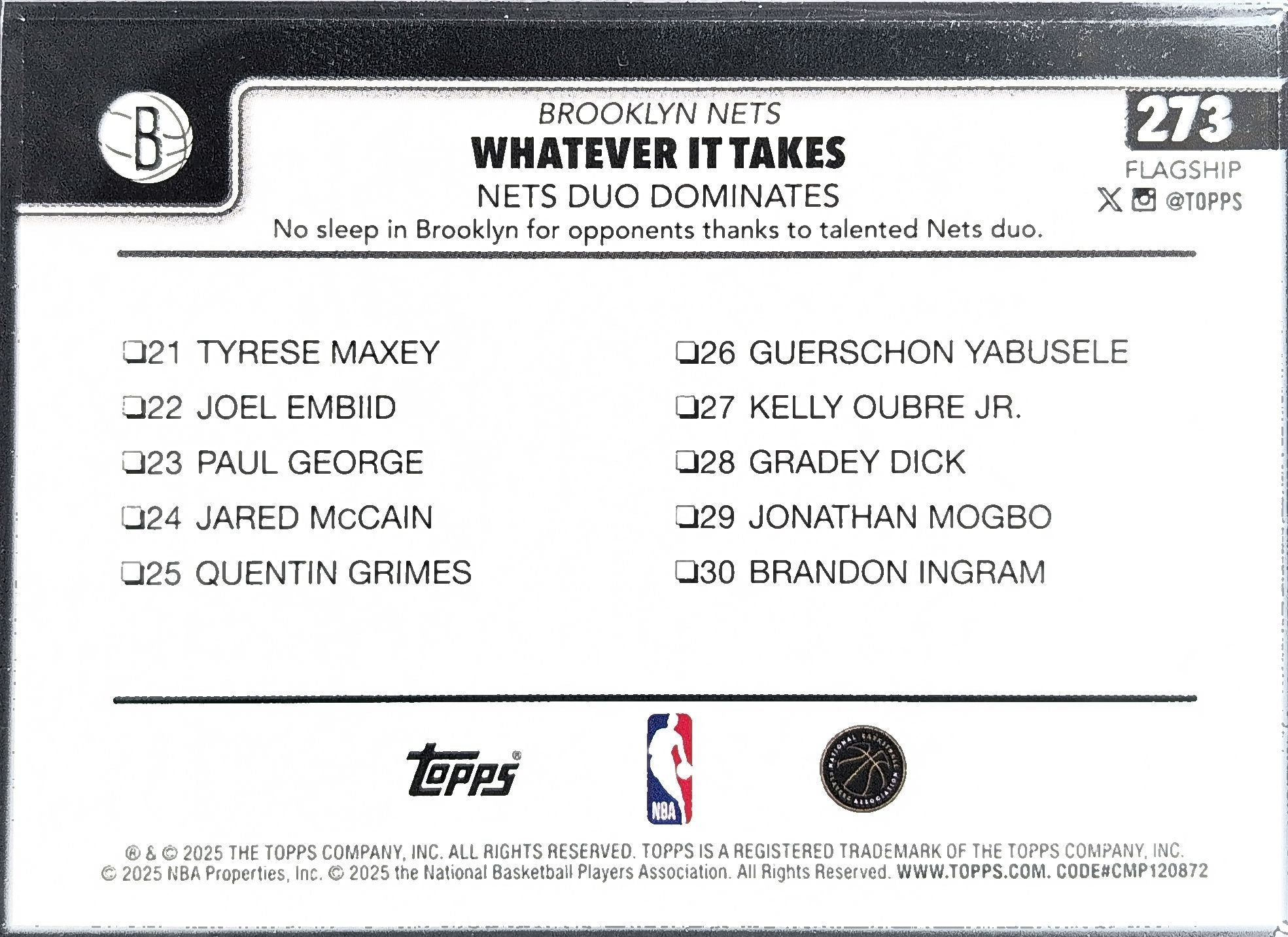 2025-26 Topps Whatever It Takes: Nets Duo Dominates #273 Brooklyn Nets back