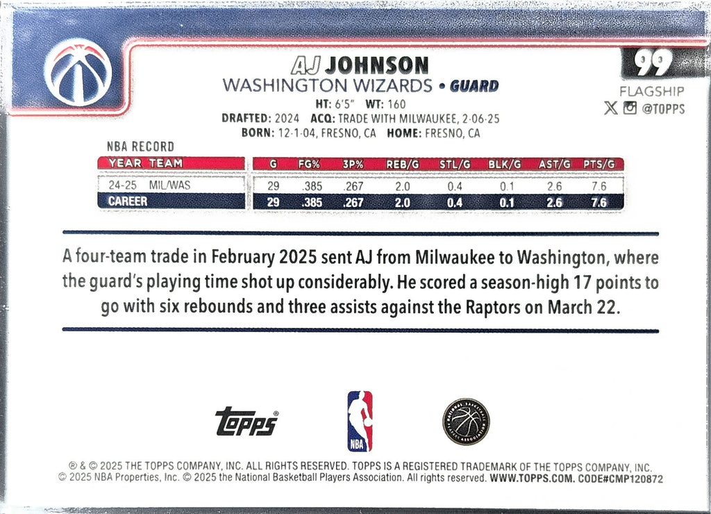 2025-26 Topps AJ Johnson #99 Washington Wizards back