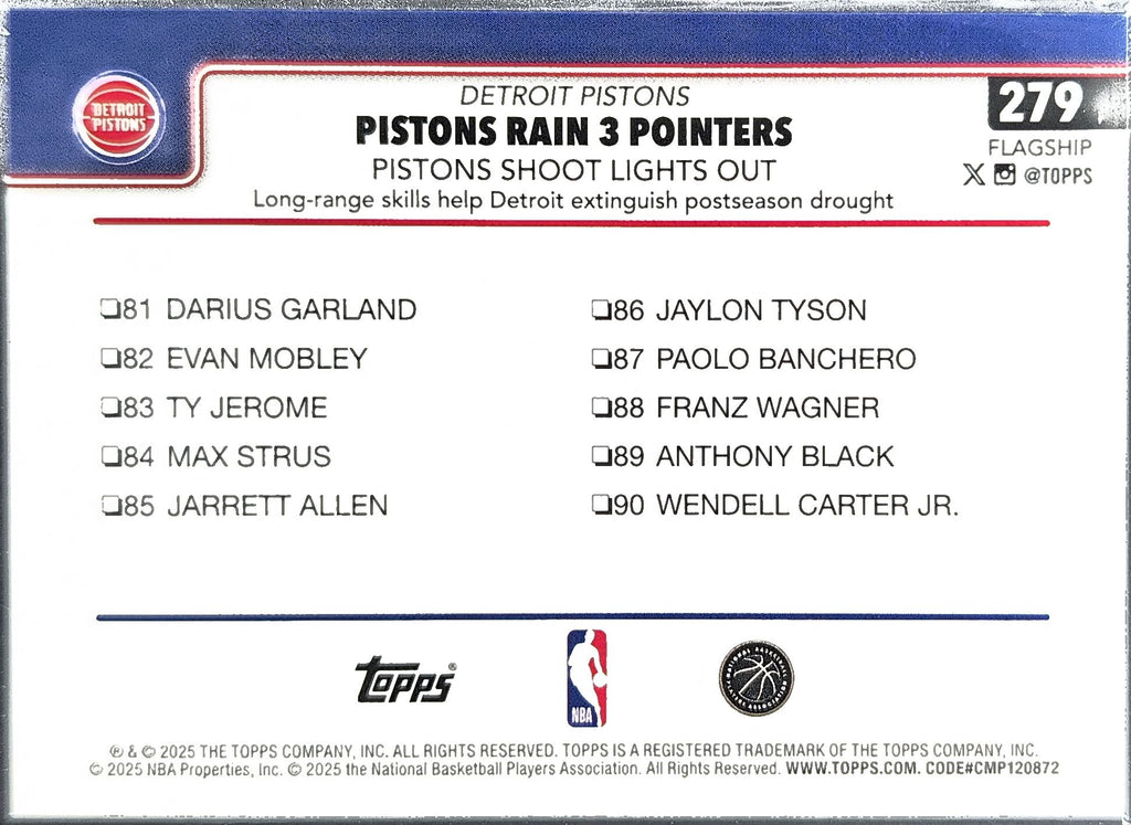 2025-26 Topps Pistons Rain 3 Pointers: Pistons Shoot Lights Out #279 Detroit Pistons back