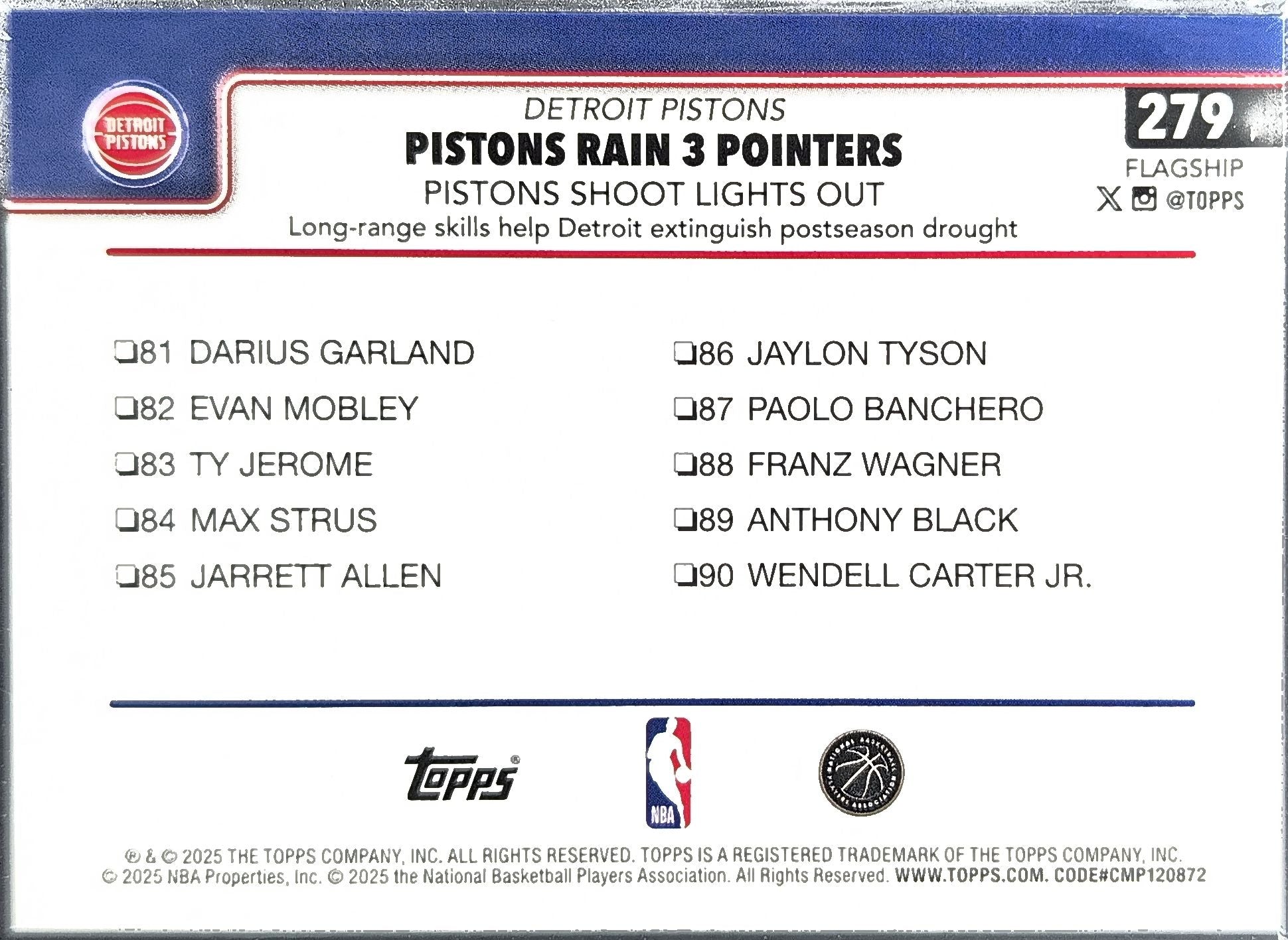 2025-26 Topps Pistons Rain 3 Pointers: Pistons Shoot Lights Out #279 Detroit Pistons back