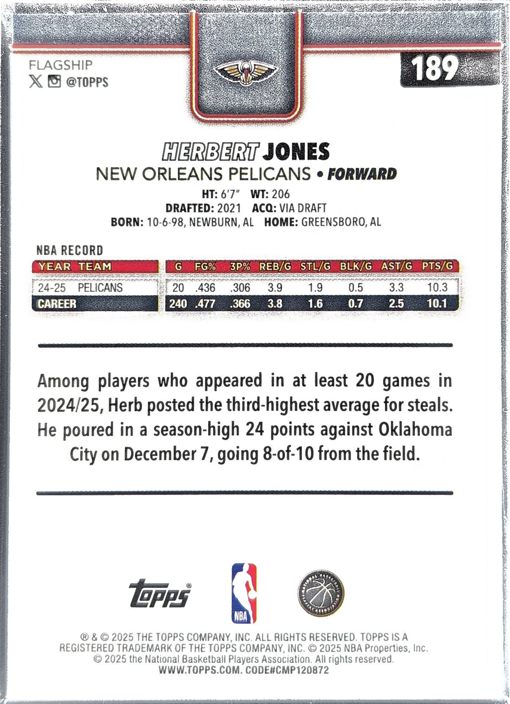 2025-26 Topps Herbert Jones #189 New Orleans Pelicans back