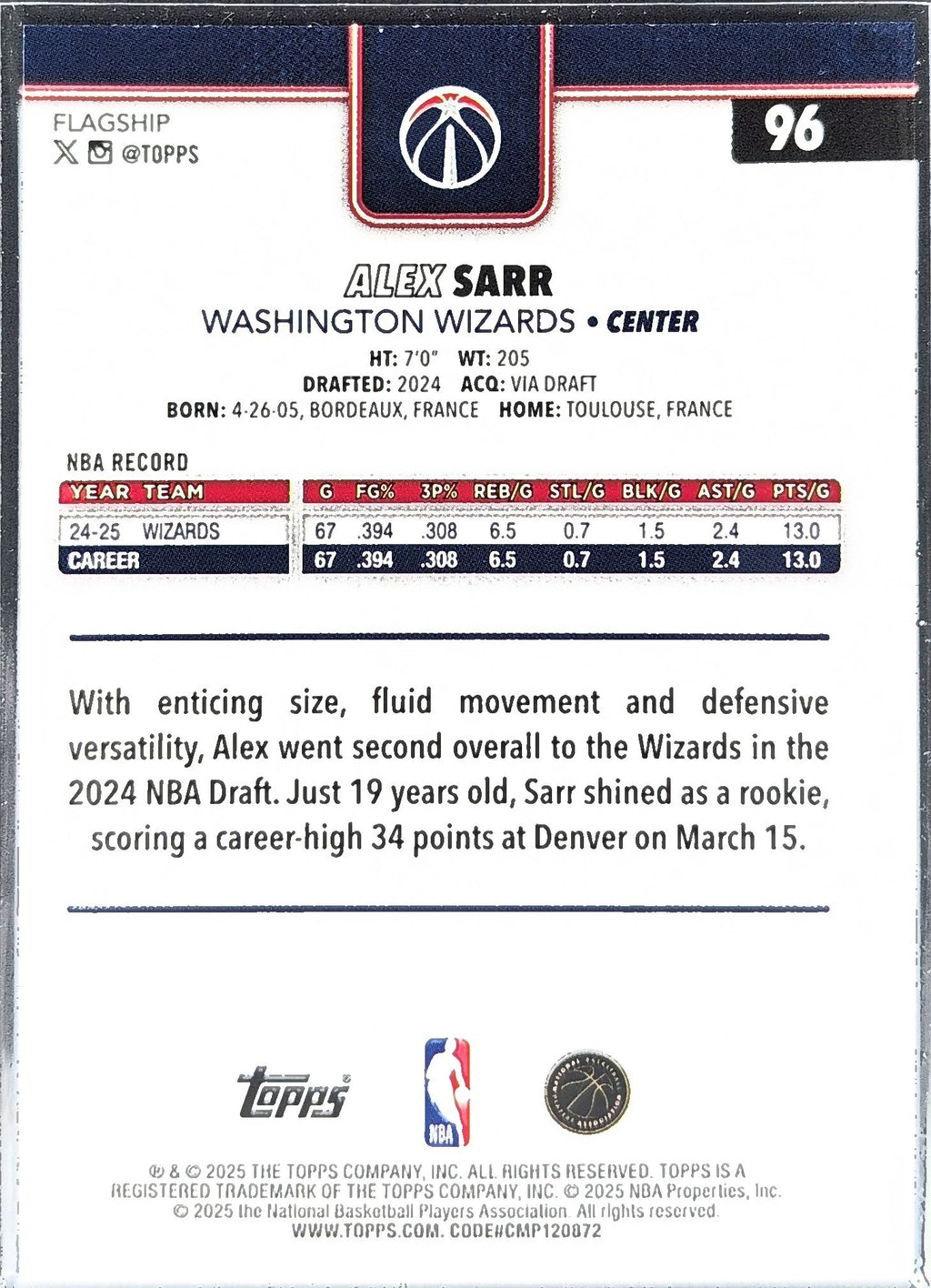 2025-26 Topps Alex Sarr #96 Washington Wizards back