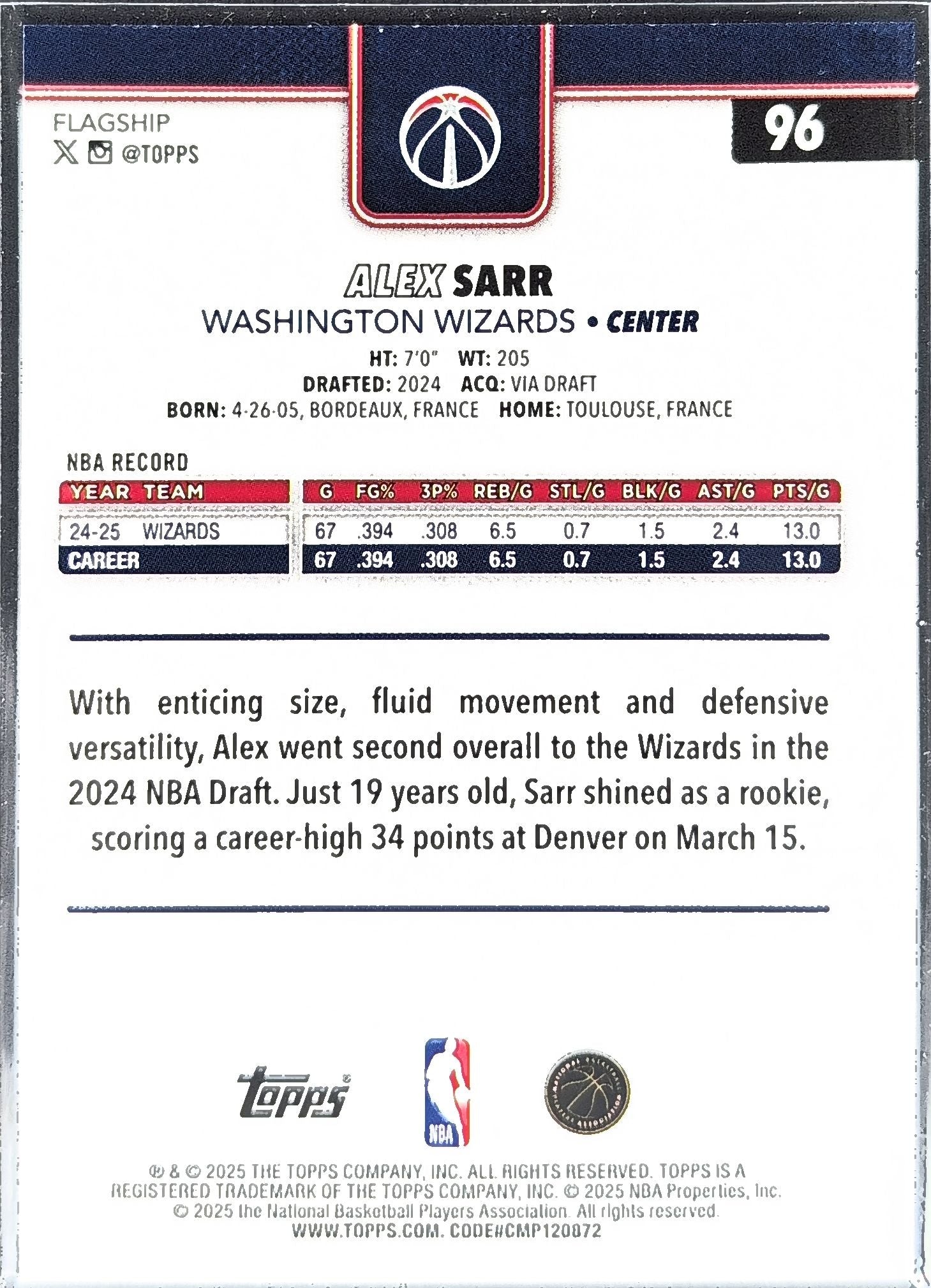 2025-26 Topps Alex Sarr #96 Washington Wizards back