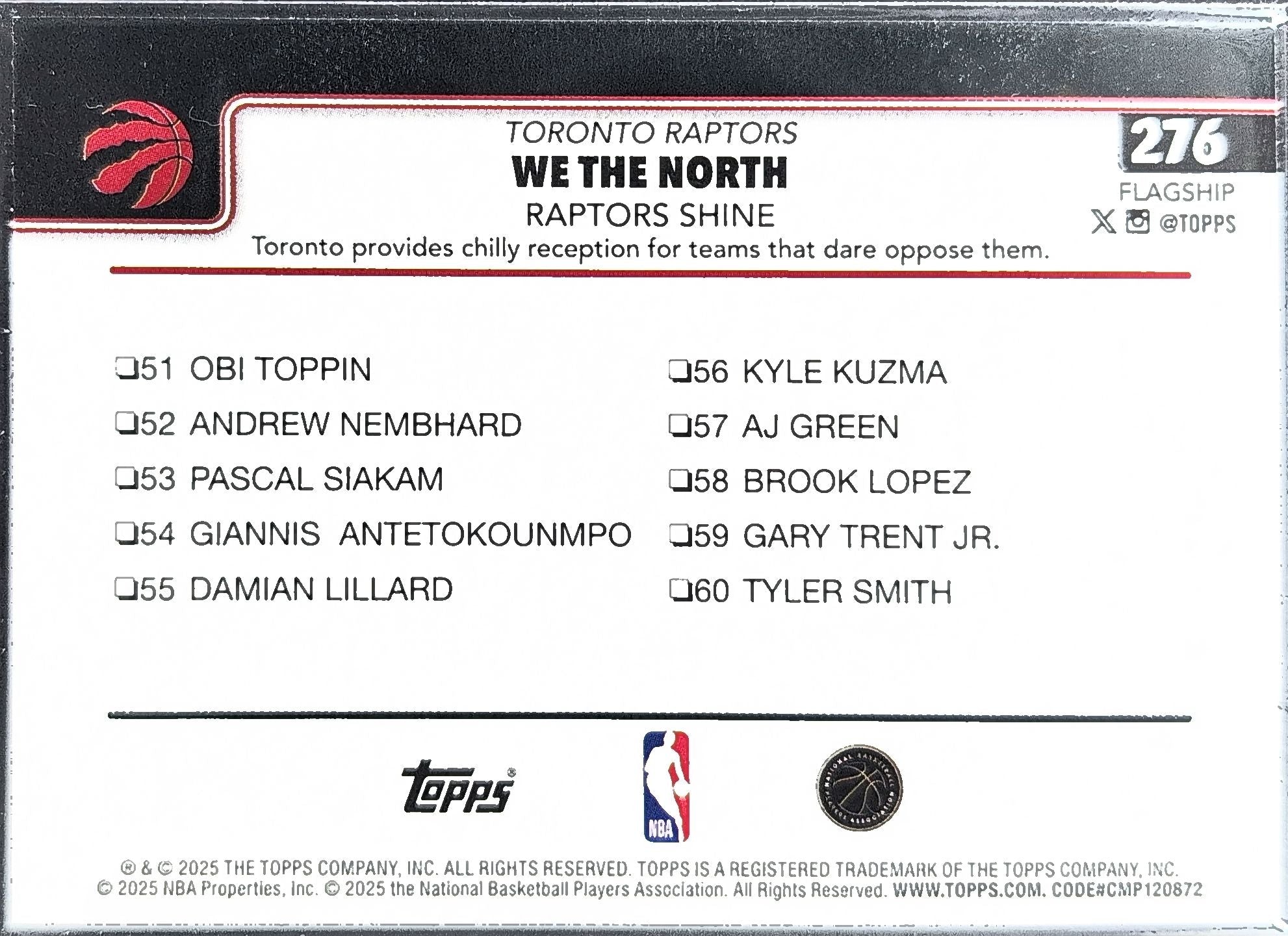 2025-26 Topps We The North: Raptors Shine #276 Toronto Raptors back