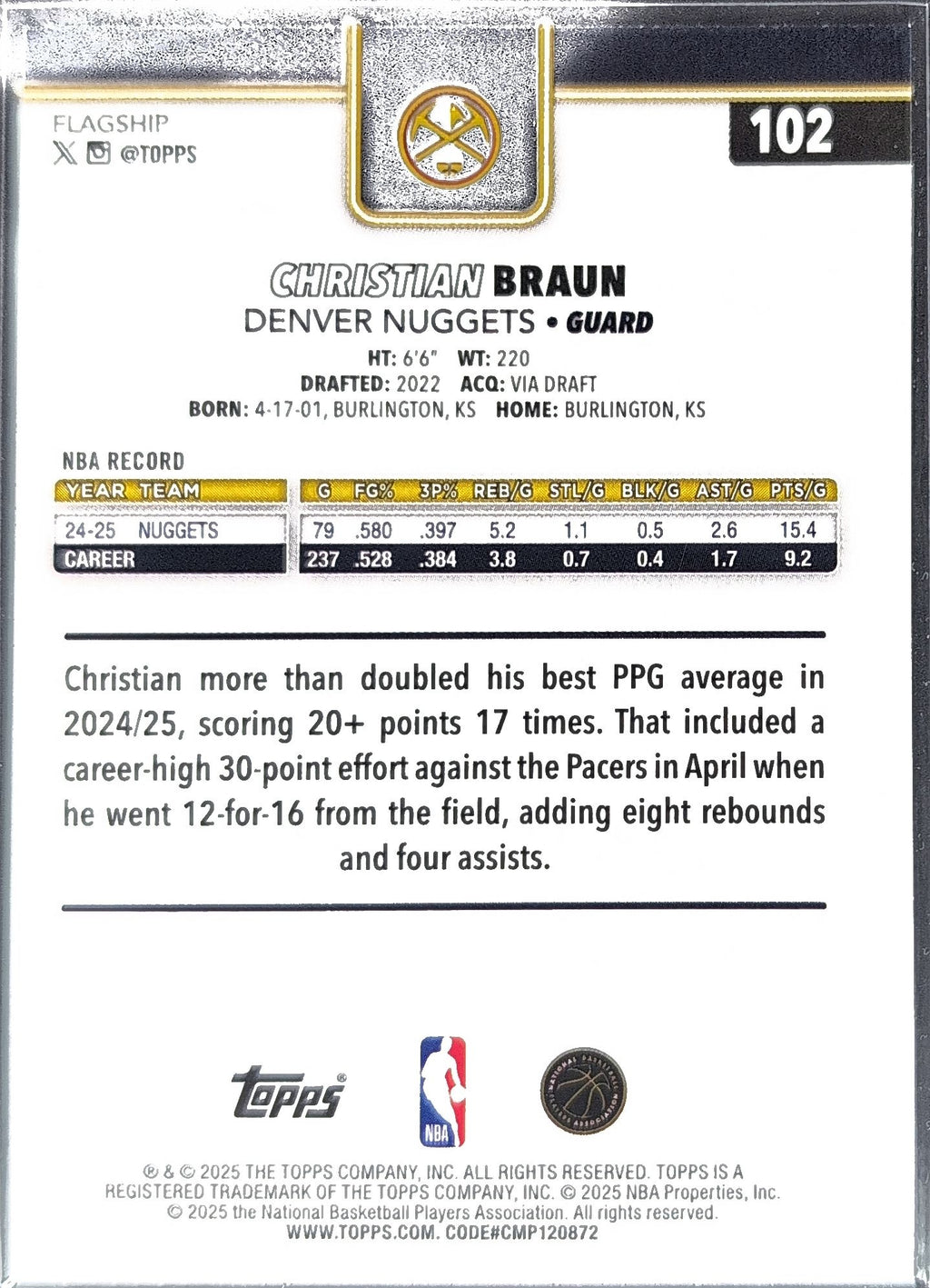 2025-26 Topps Christian Braun #102 Denver Nuggets back