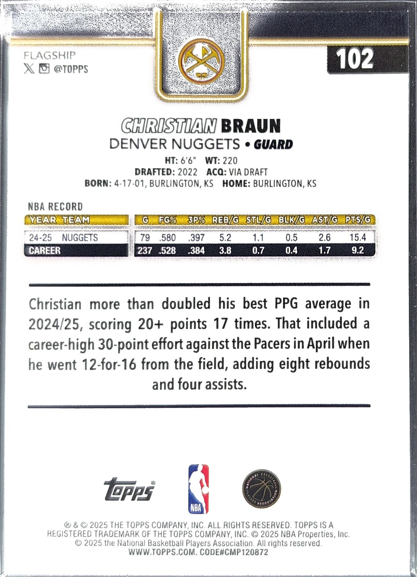 2025-26 Topps Christian Braun #102 Denver Nuggets back