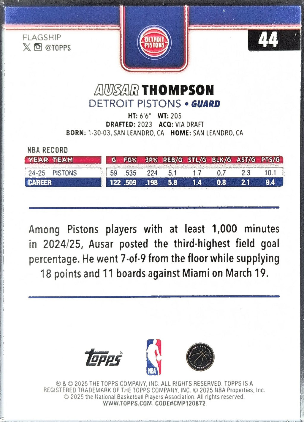 2025-26 Topps Ausar Thompson #44 Detroit Pistons back