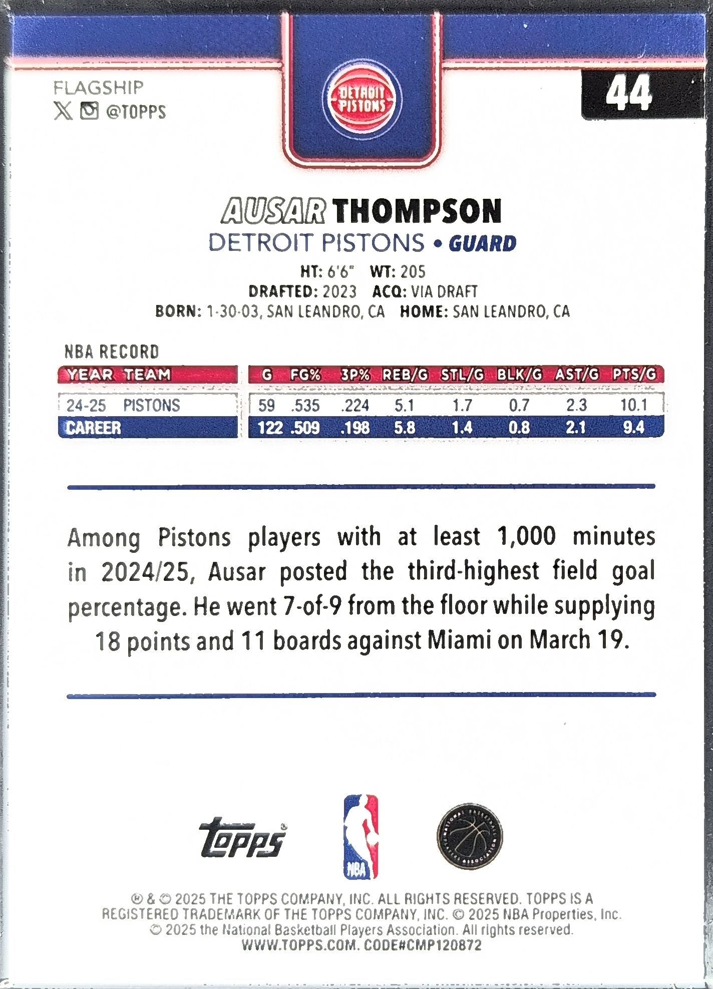 2025-26 Topps Ausar Thompson #44 Detroit Pistons back