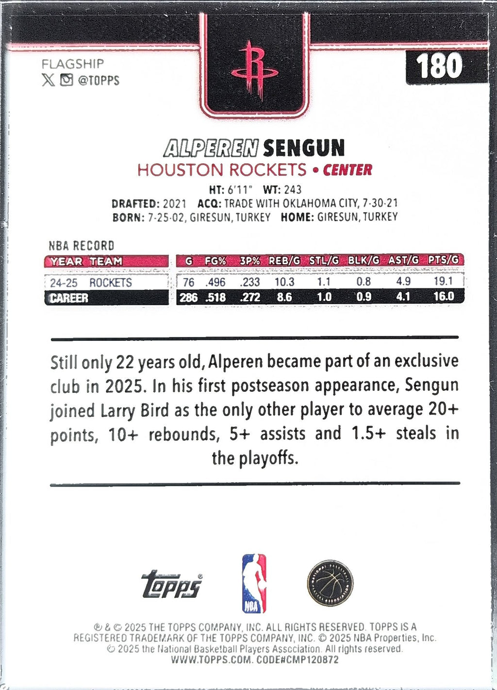 2025-26 Topps Alperen Sengun #180 Houston Rockets back