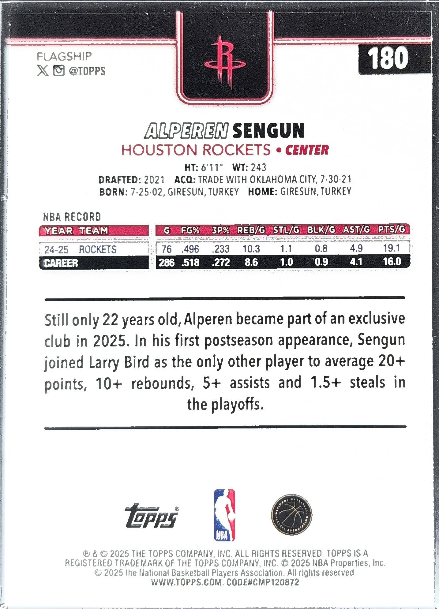 2025-26 Topps Alperen Sengun #180 Houston Rockets back