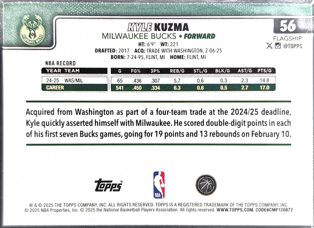 2025-26 Topps Kyle Kuzma #56 Rainbow Foilboard Milwaukee Bucks back