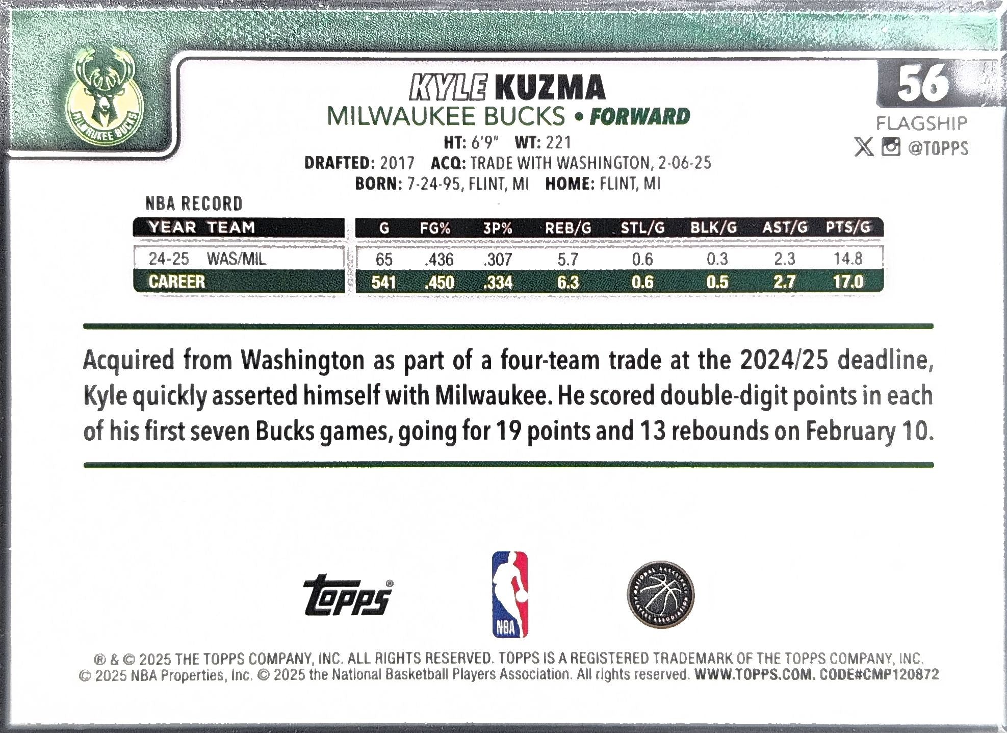 2025-26 Topps Kyle Kuzma #56 Rainbow Foilboard Milwaukee Bucks back