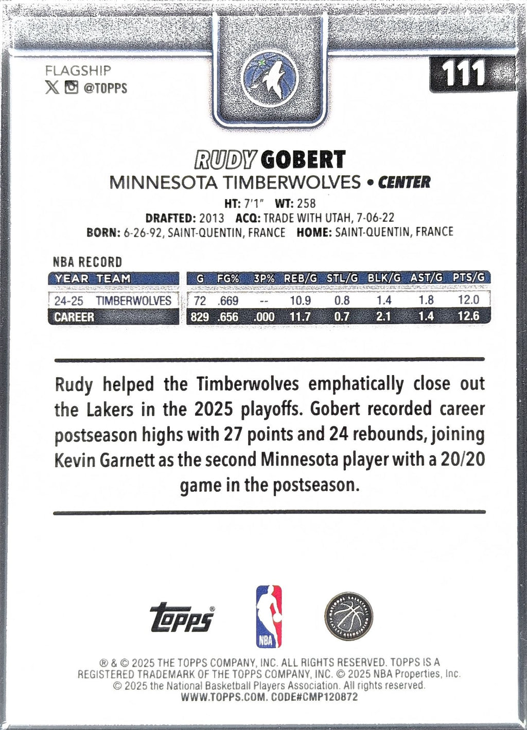 2025-26 Topps Rudy Gobert #111 Minnesota Timberwolves back