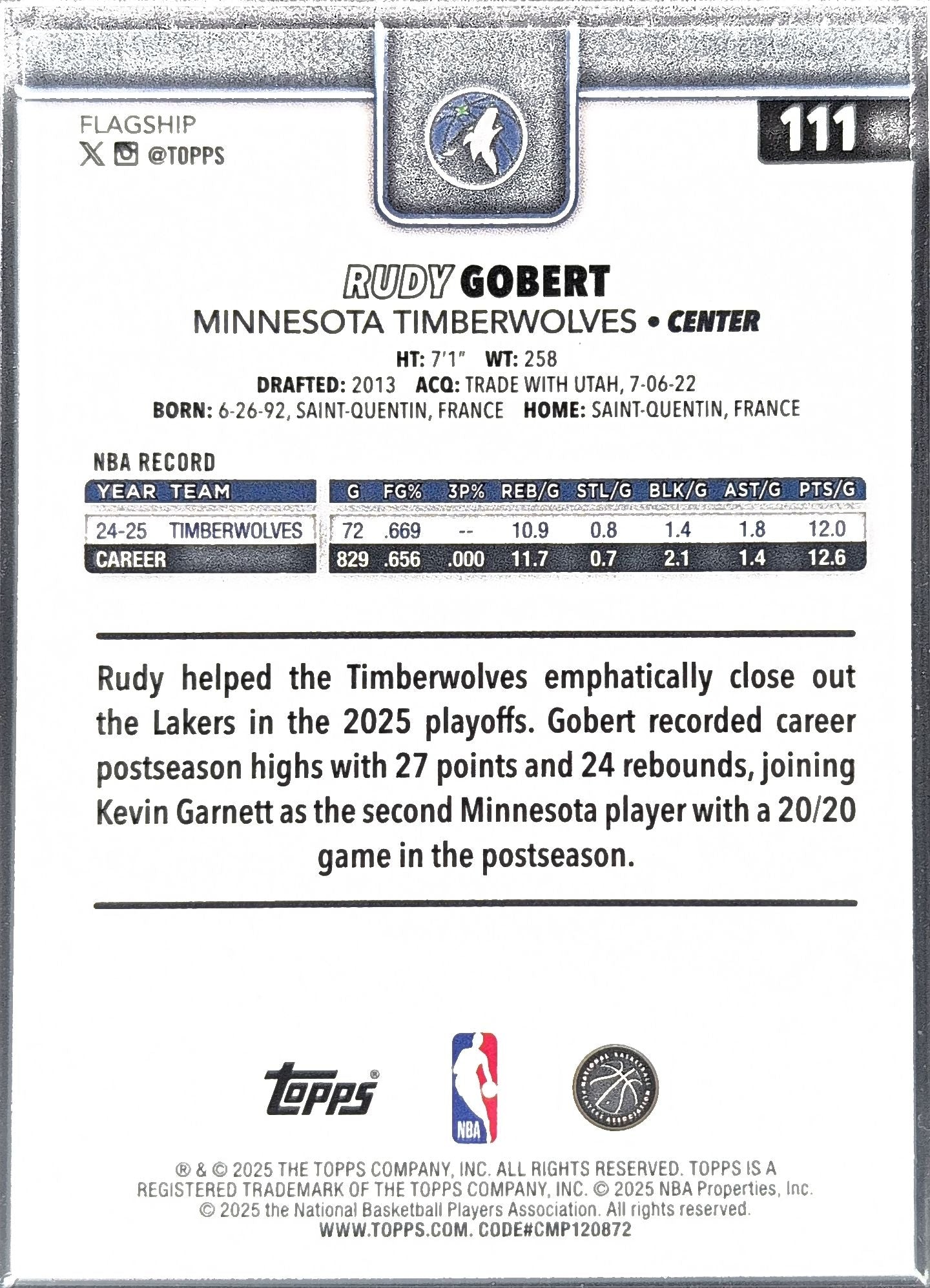 2025-26 Topps Rudy Gobert #111 Minnesota Timberwolves back