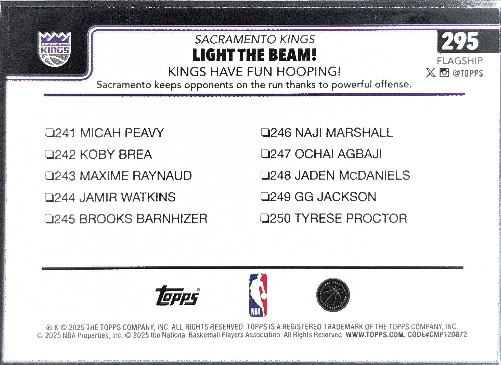 2025-26 Topps Light The Beam!: Kings Have Fun Hooping! #295 Sacramento Kings back