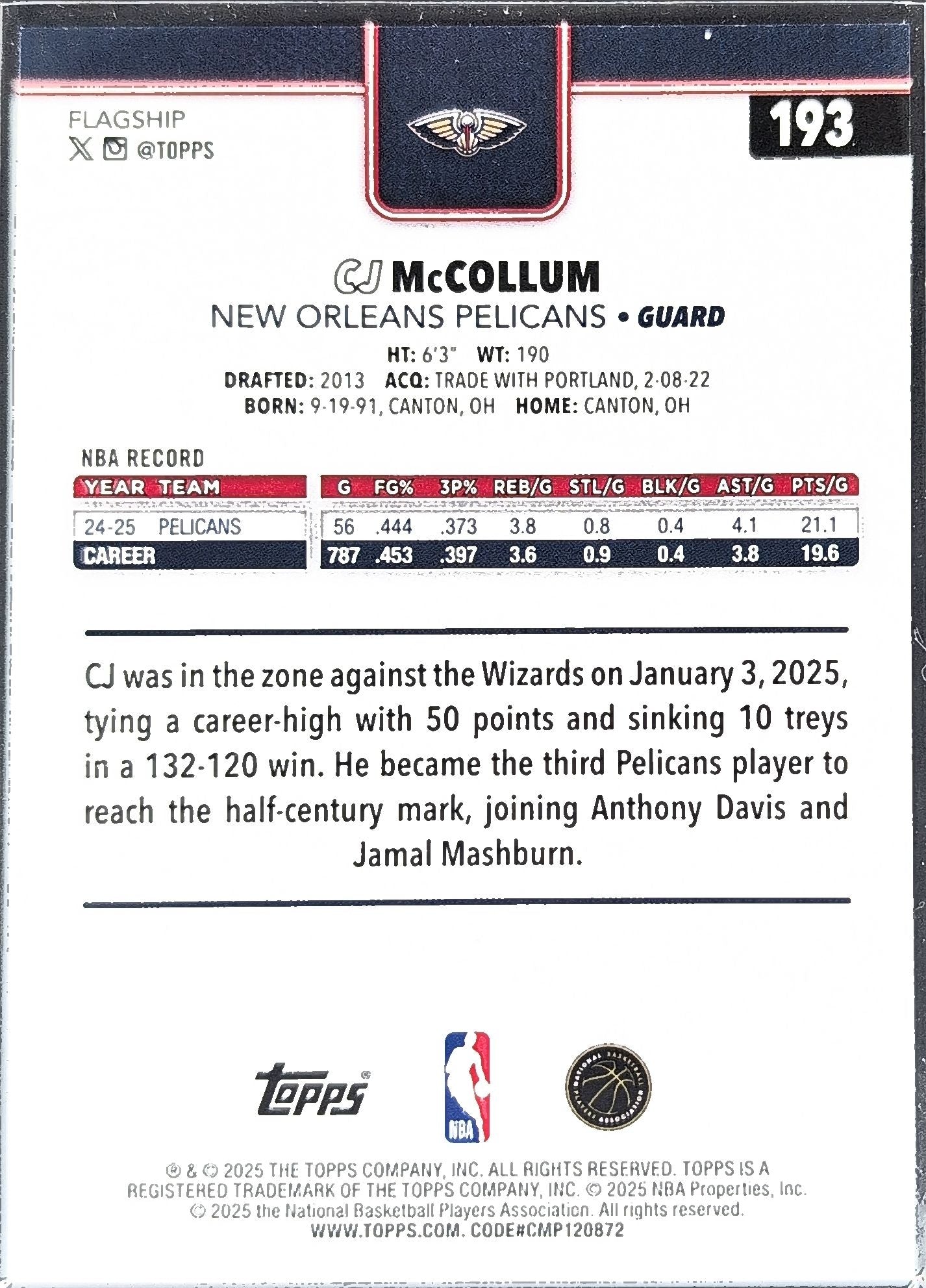 2025-26 Topps CJ McCollum #193 New Orleans Pelicans back