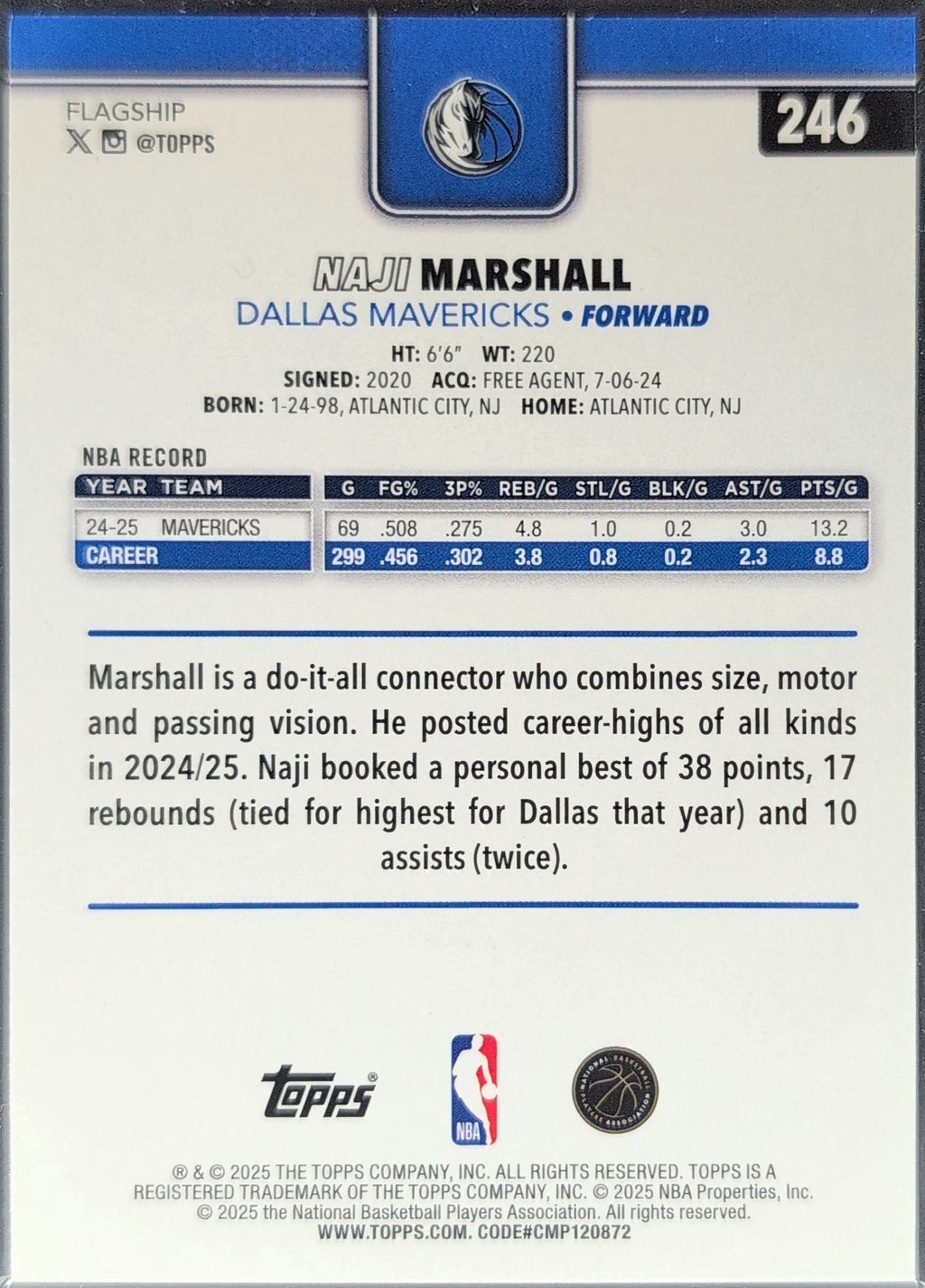 2025-26 Topps Naji Marshall #246 Dallas Mavericks back