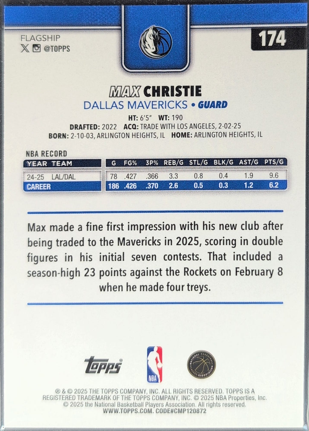 2025-26 Topps Max Christie #174 Dallas Mavericks back