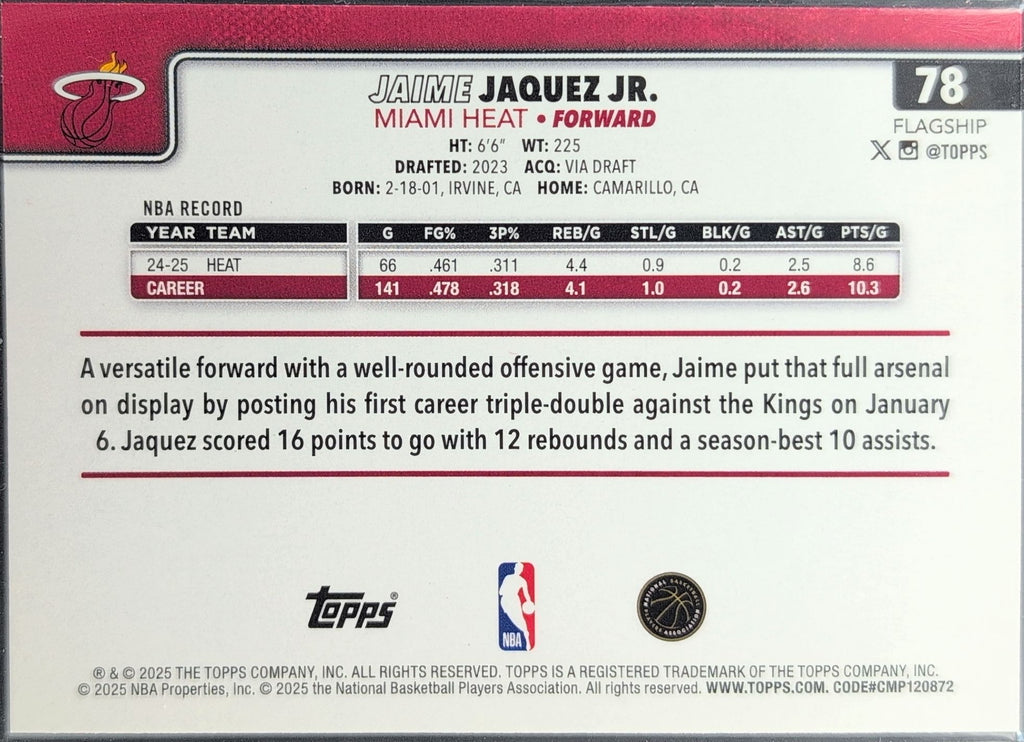 2025-26 Topps Jaime Jaquez Jr. #78 Miami Heat back