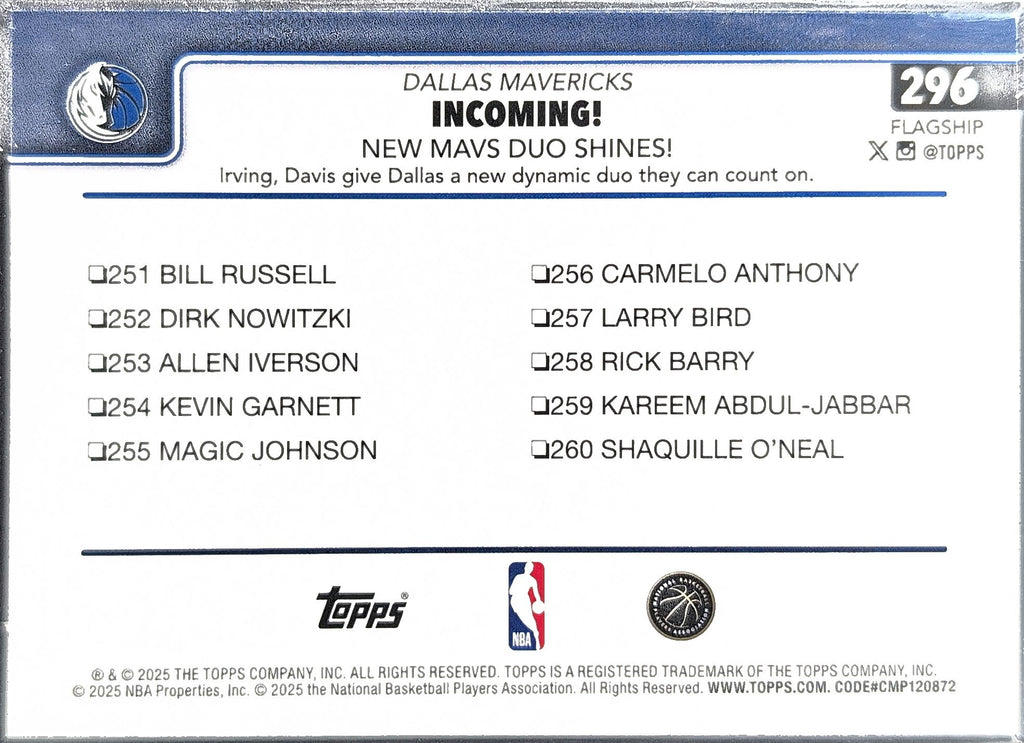2025-26 Topps Incoming!: New Mavs Duo Shines! #296 Dallas Mavericks back