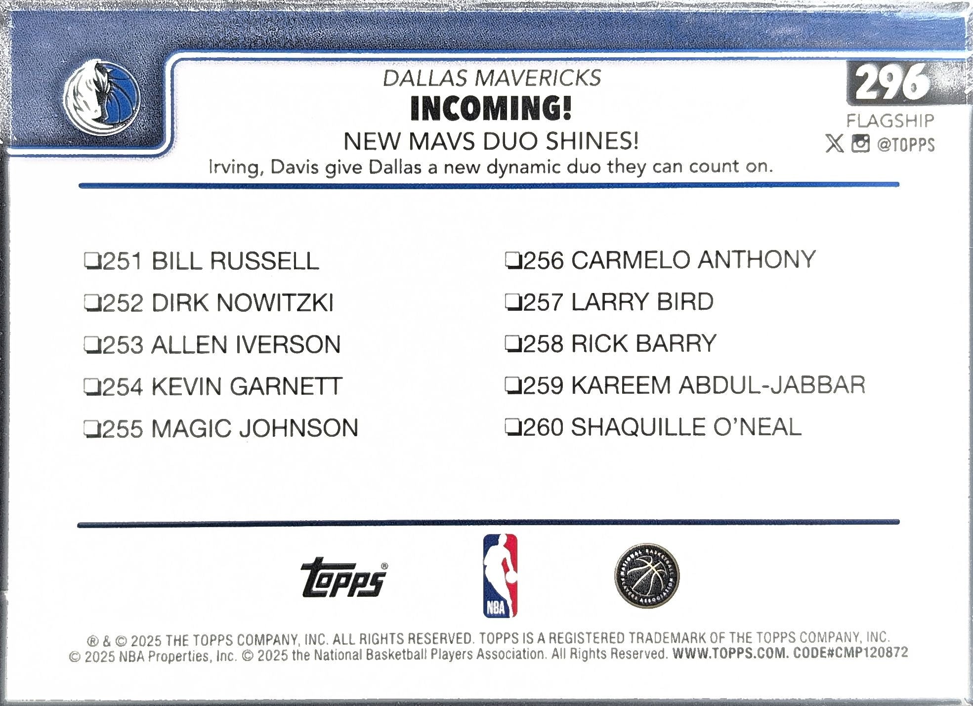 2025-26 Topps Incoming!: New Mavs Duo Shines! #296 Dallas Mavericks back