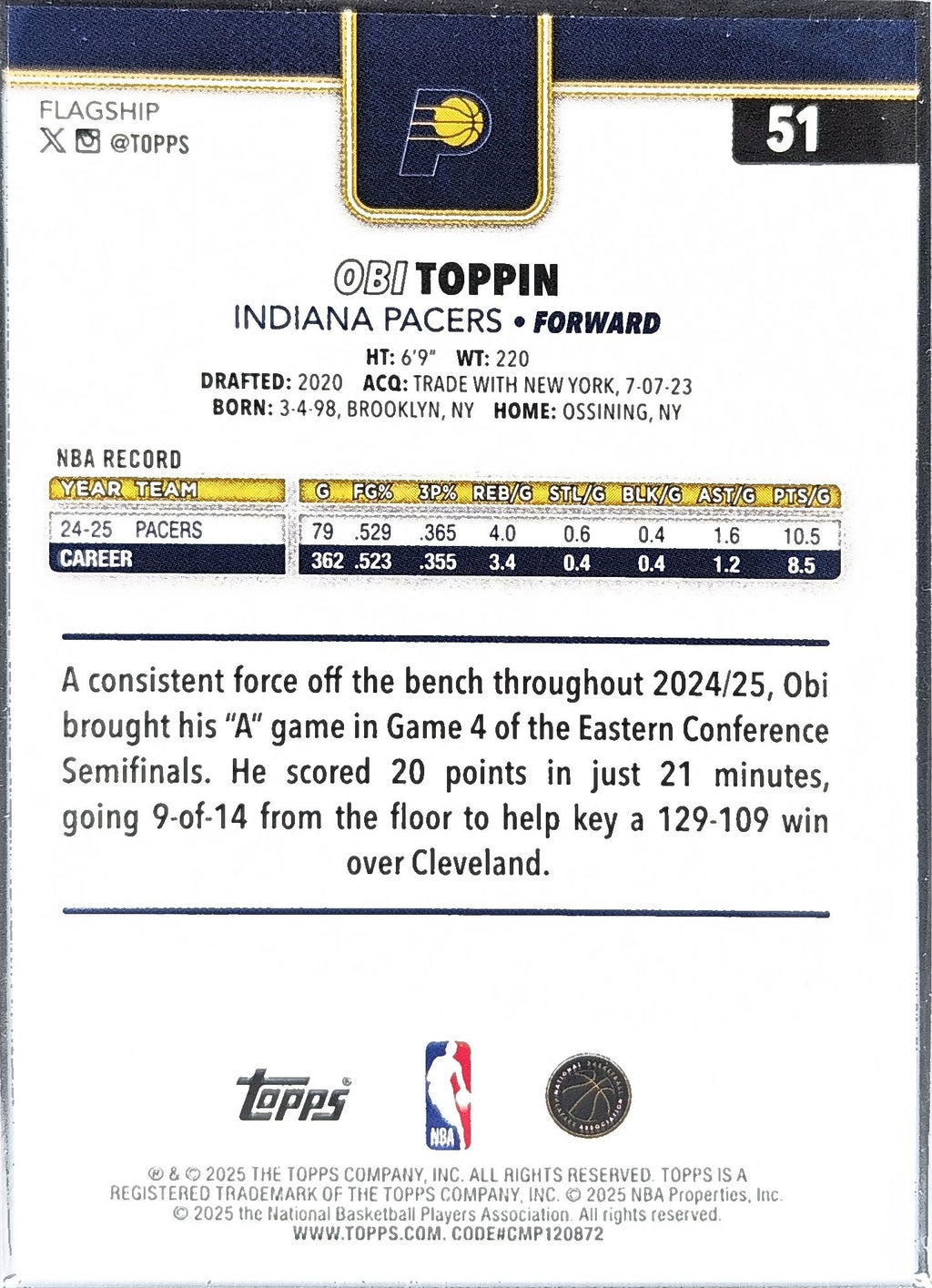2025-26 Topps Obi Toppin #51 Indiana Pacers back