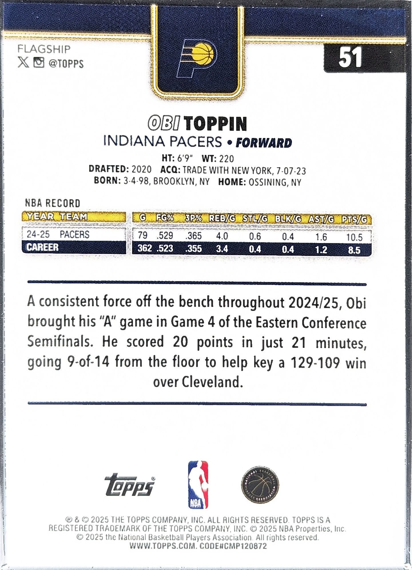 2025-26 Topps Obi Toppin #51 Indiana Pacers back