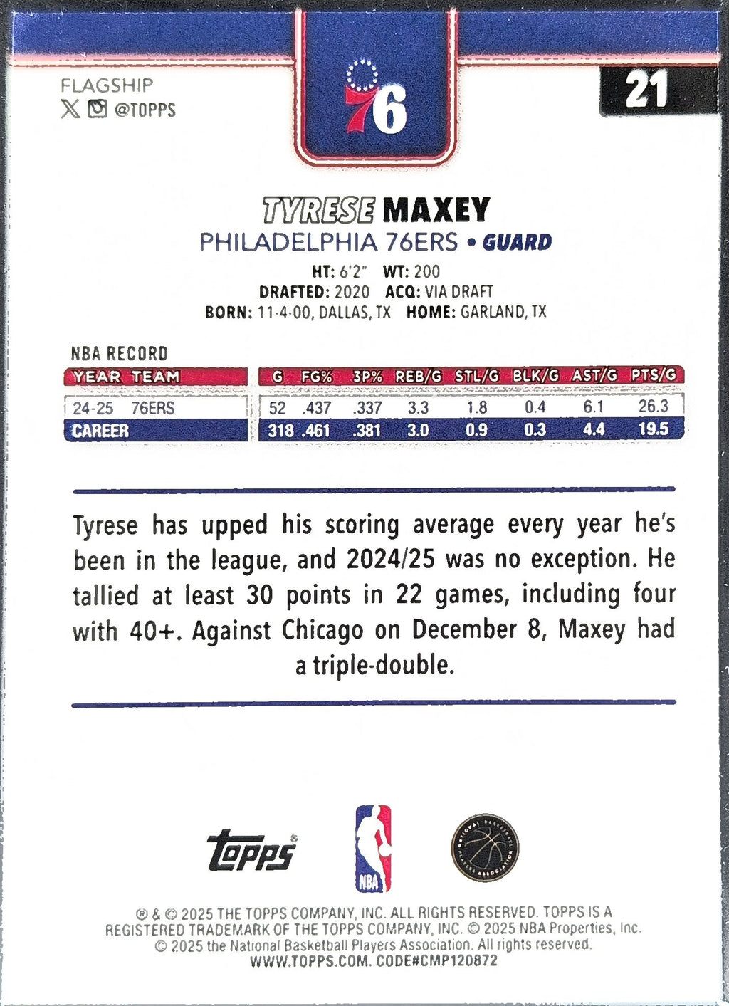 2025-26 Topps Tyrese Maxey #21 Philadelphia 76ers back