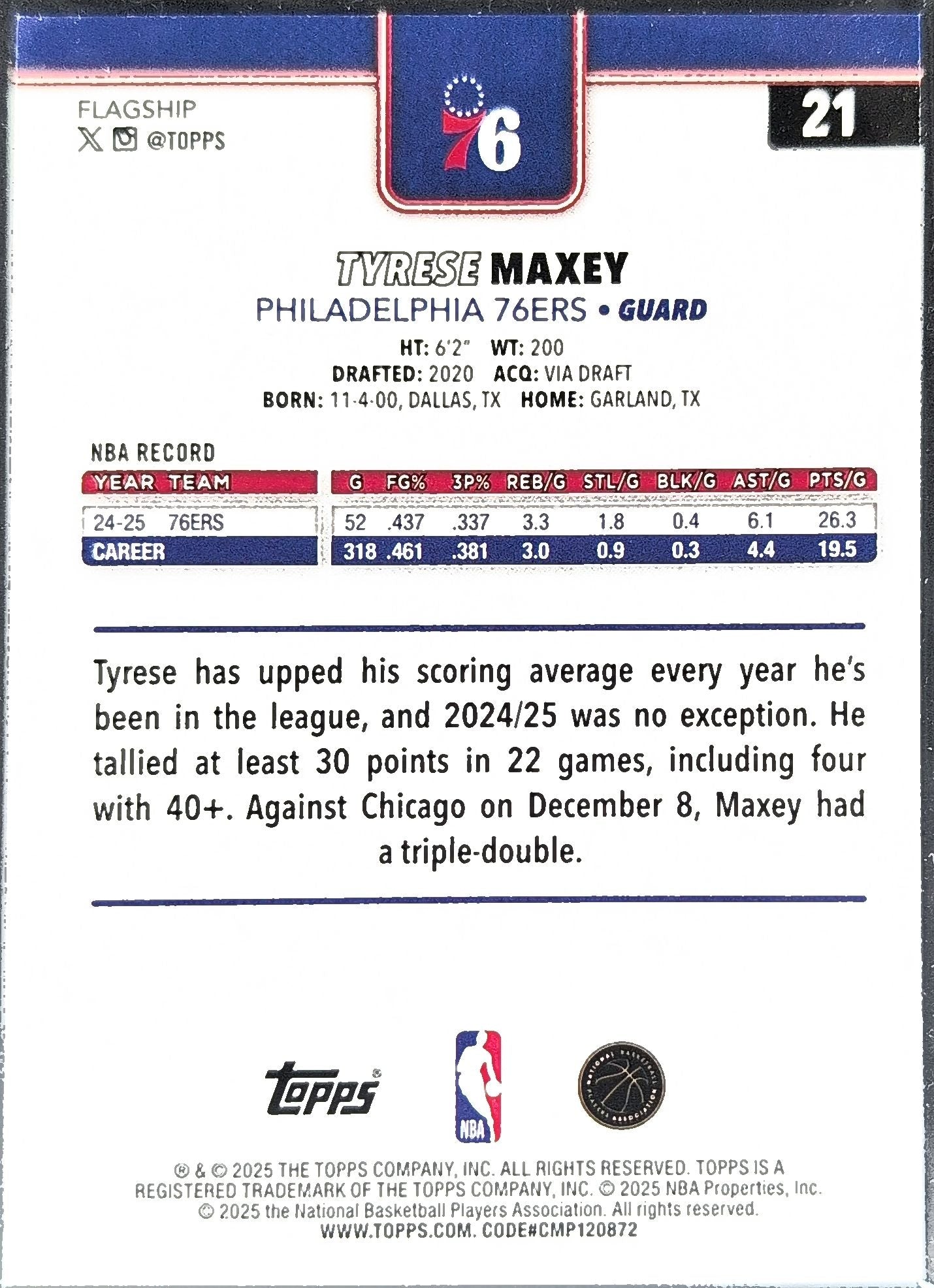 2025-26 Topps Tyrese Maxey #21 Philadelphia 76ers back