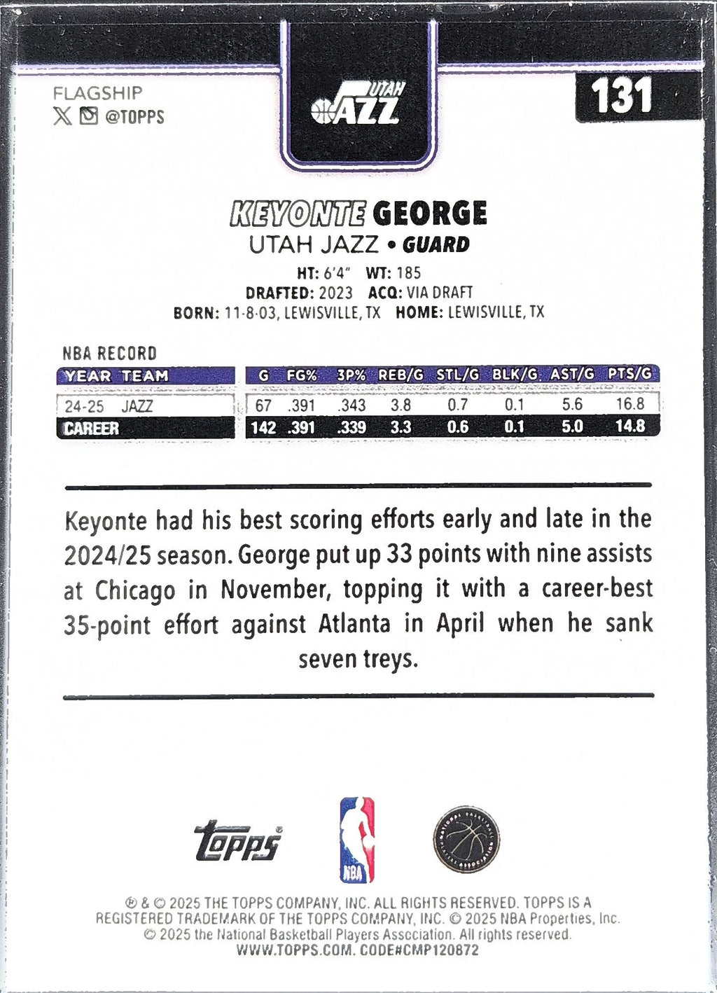 2025-26 Topps Keyonte George #131 Utah Jazz back