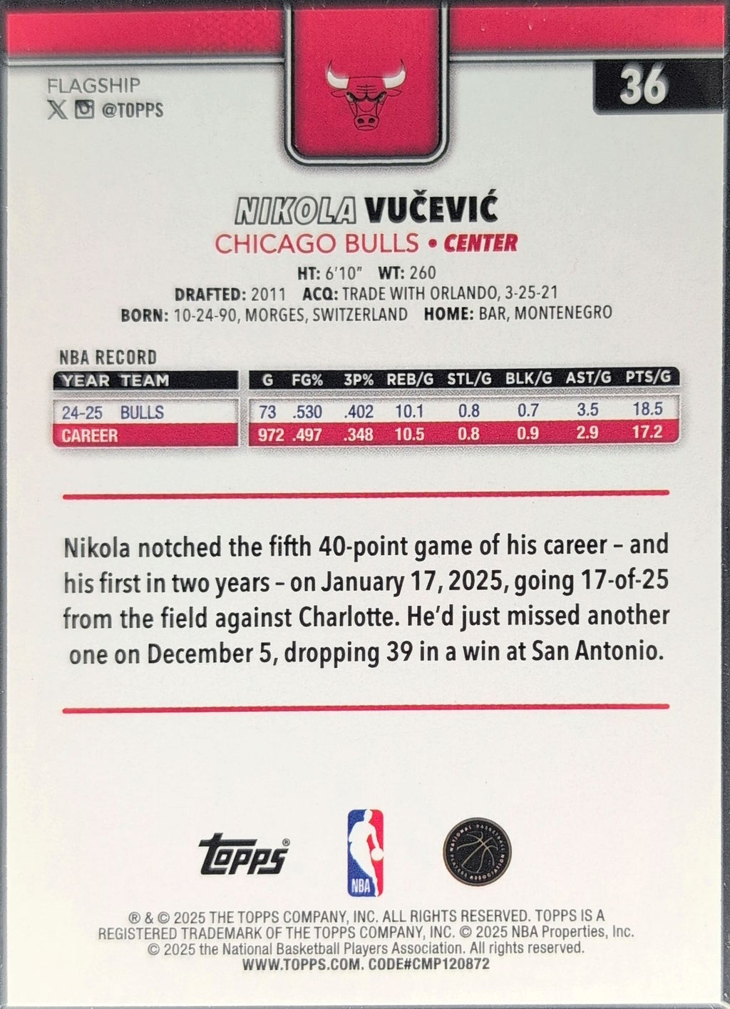 2025-26 Topps Nikola Vučević #36 Chicago Bulls back