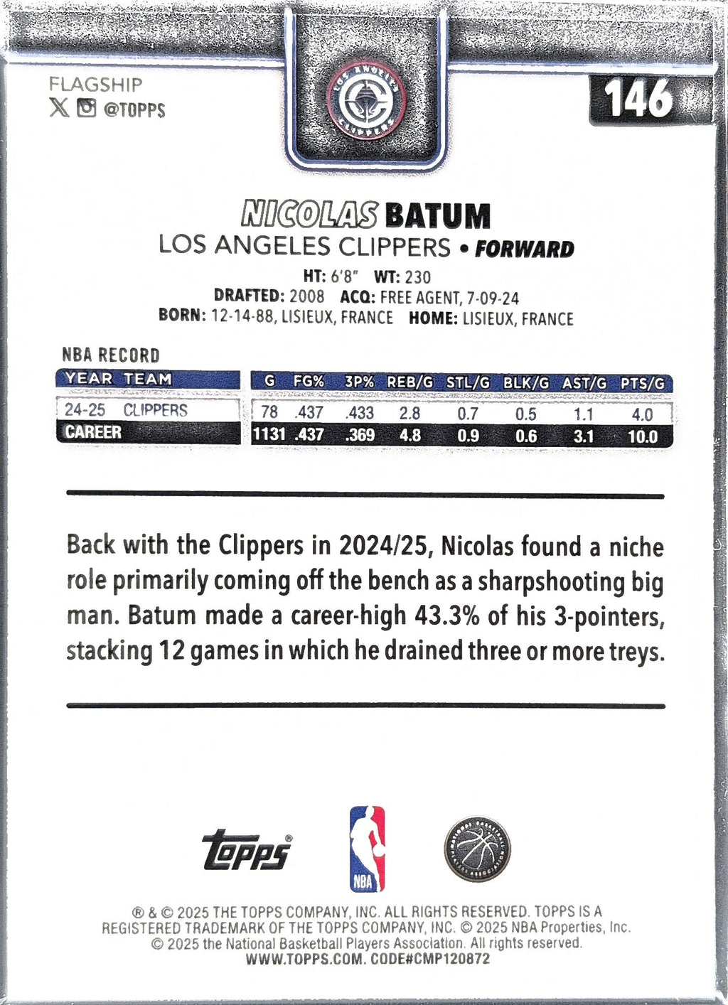 2025-26 Topps Nicolas Batum #146 Los Angeles Clippers back