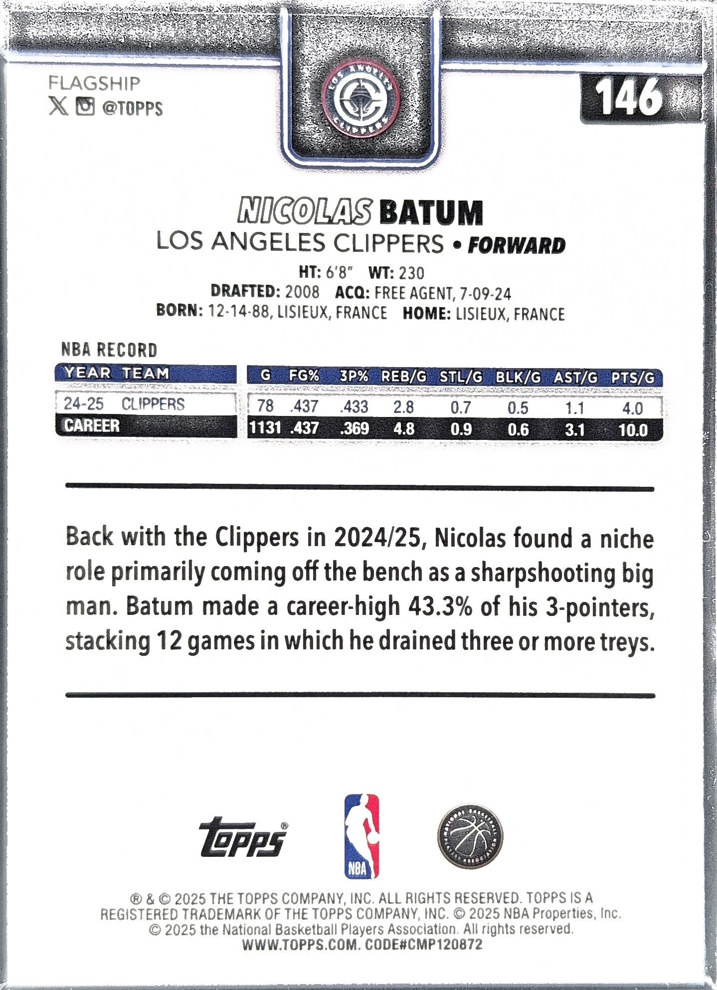 2025-26 Topps Nicolas Batum #146 Los Angeles Clippers back