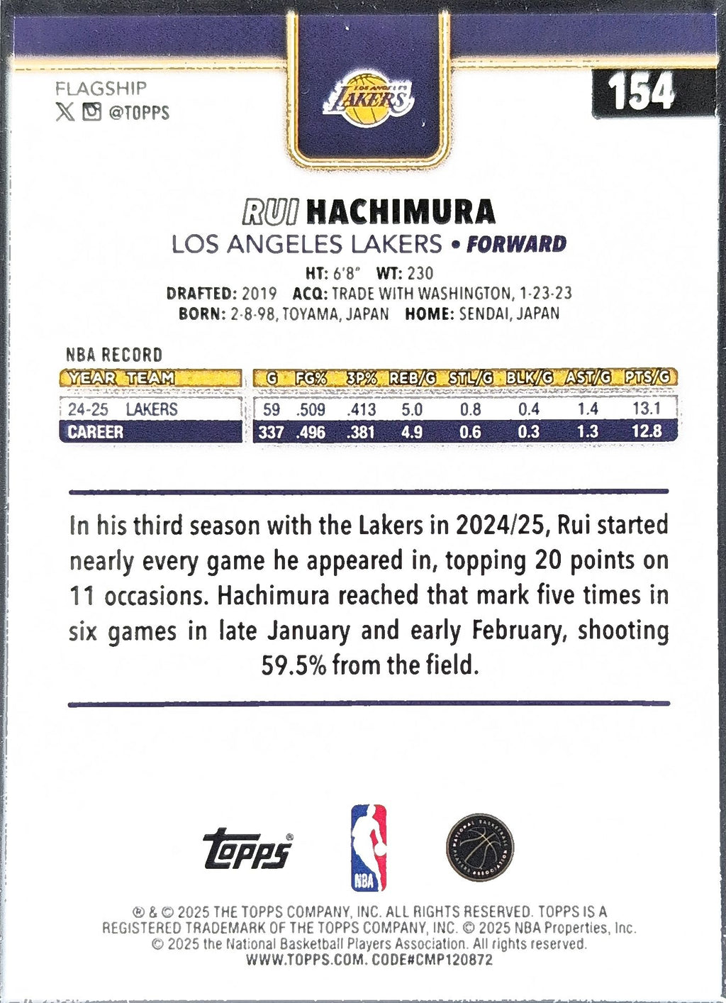 2025-26 Topps Rui Hachimura #154 Los Angeles Lakers back