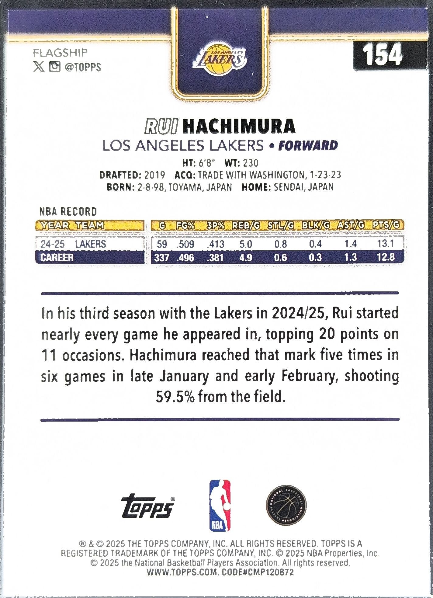 2025-26 Topps Rui Hachimura #154 Los Angeles Lakers back