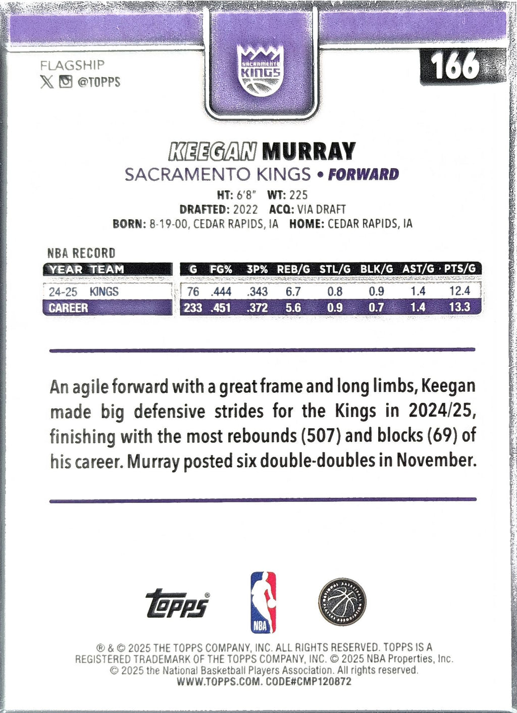 2025-26 Topps Keegan Murray #166 Sacramento Kings back
