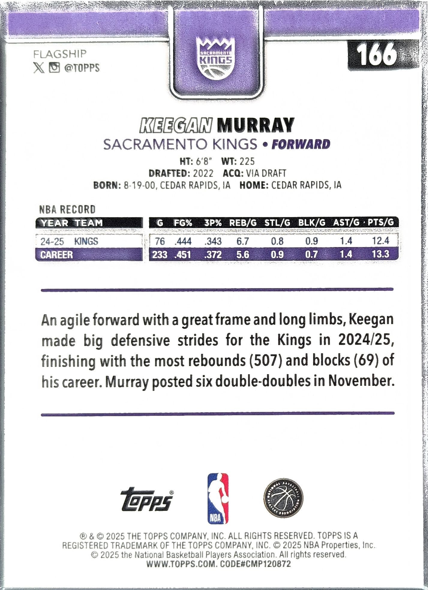2025-26 Topps Keegan Murray #166 Sacramento Kings back