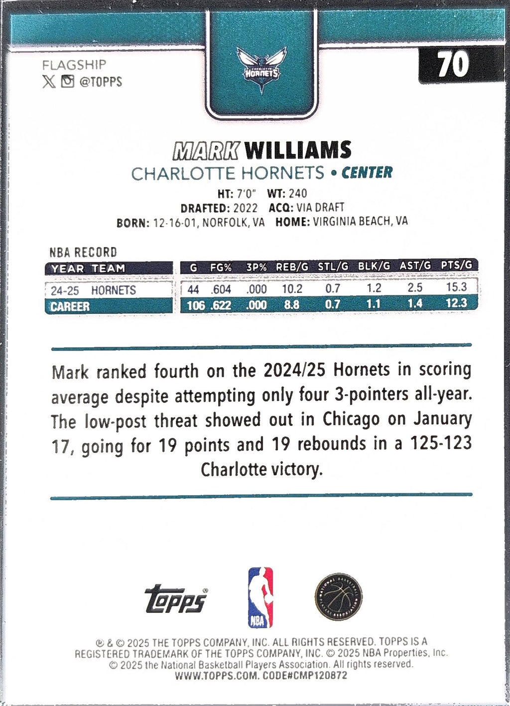 2025-26 Topps Mark Williams #70 Charlotte Hornets back