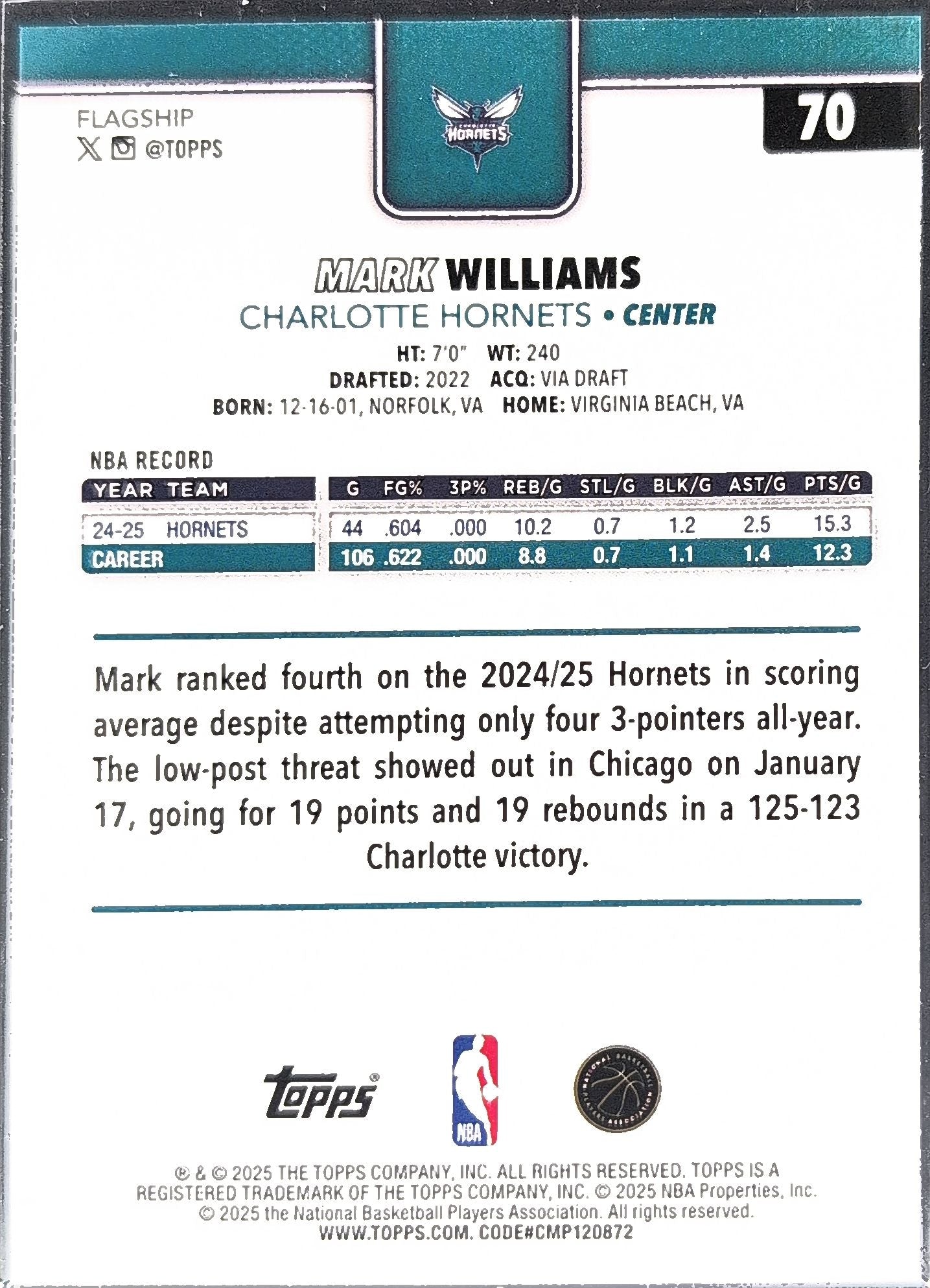2025-26 Topps Mark Williams #70 Charlotte Hornets back