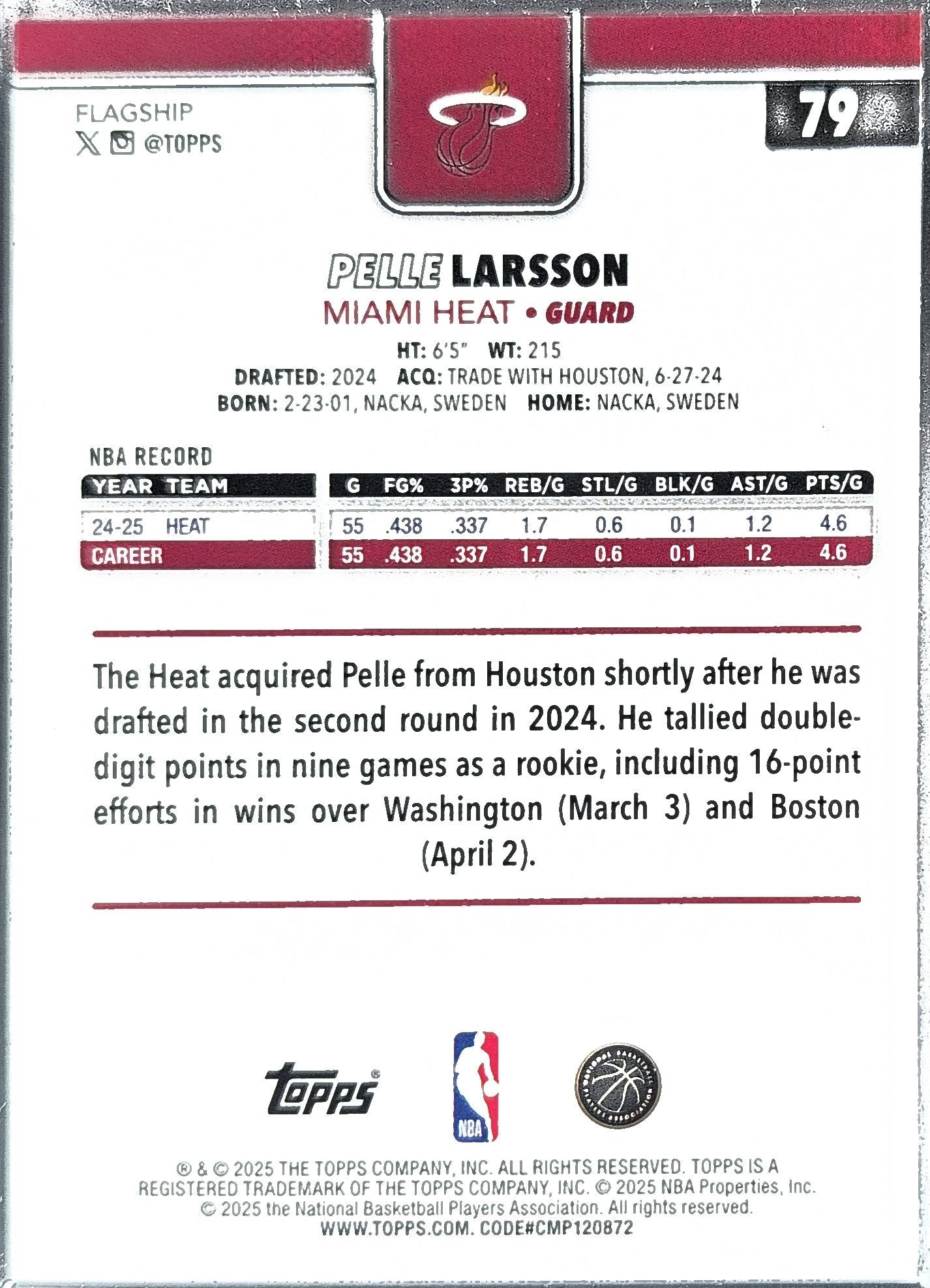 2025-26 Topps Pelle Larsson #79 Miami Heat back
