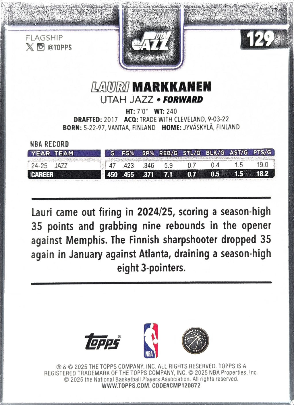 2025-26 Topps Lauri Markkanen #129 Utah Jazz back