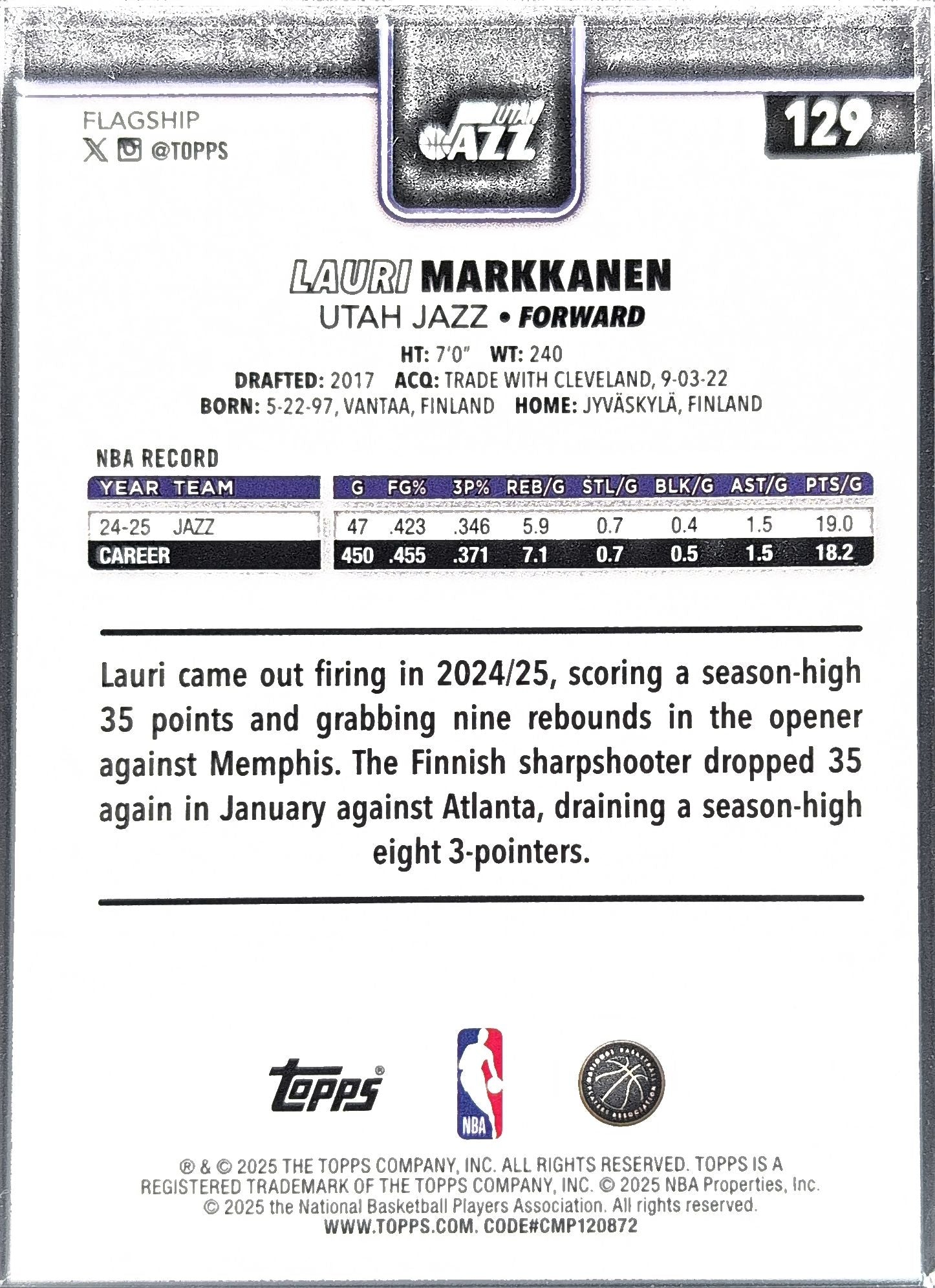 2025-26 Topps Lauri Markkanen #129 Utah Jazz back